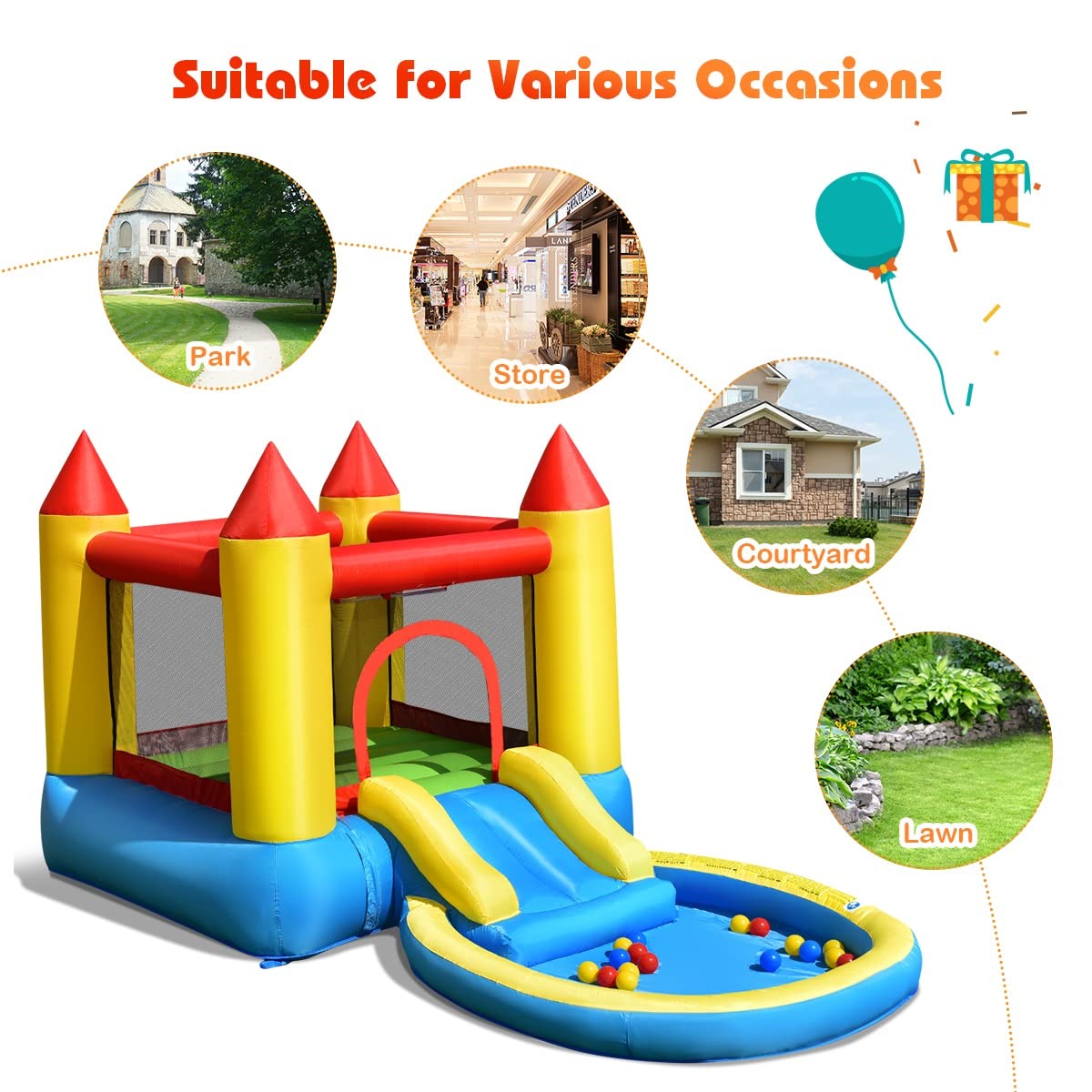 Costzon Inflatable Water Slide Bounce House with Ball Pit & Splash Pool - Kids Outdoor Bouncy Jump Castle with 480W Blower - Perfect for Backyard Parties, Summer Fun & Birthday Gifts
