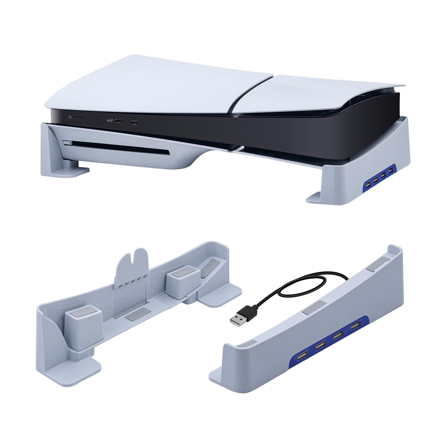 PS5 Slim Horizontal Stand with 4-Port USB Hub - Cooling Stand for PS5 Slim Digital Edition & Ultra HD - Perfect for Gaming Setups & Entertainment Centers