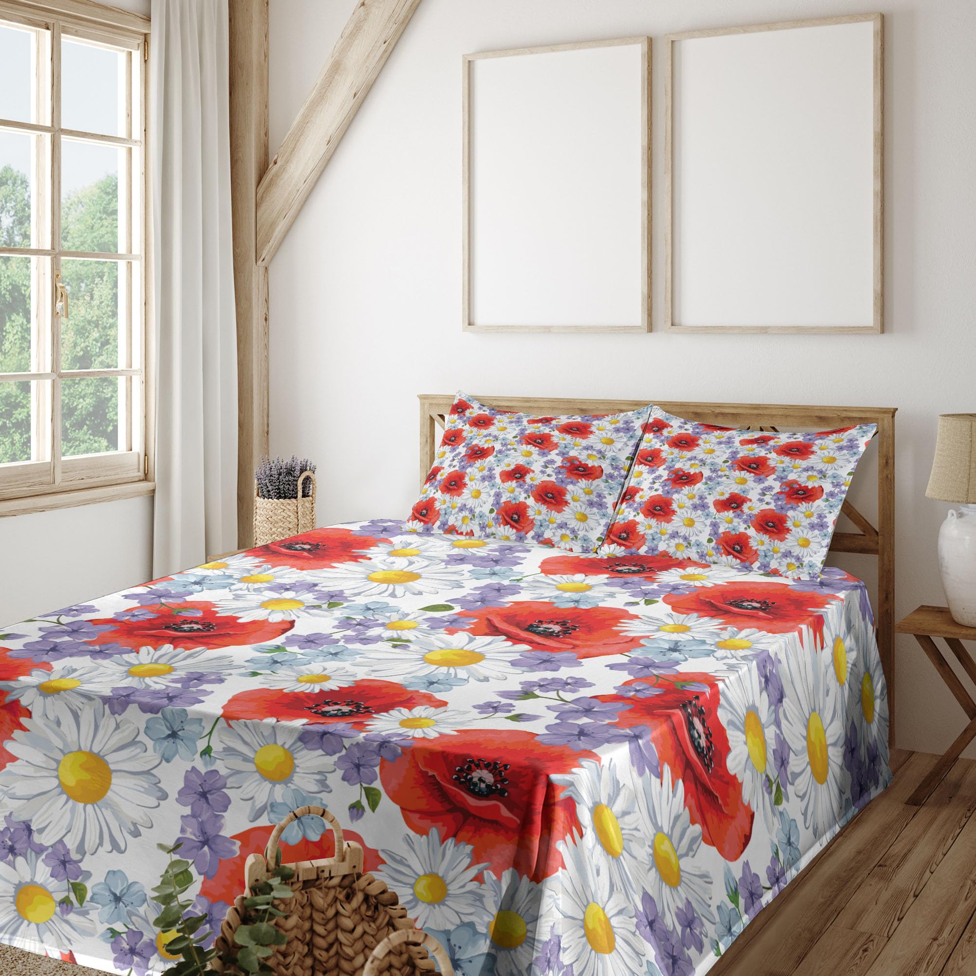 Ambesonne Floral Bedding Set - 4 Piece King Size with Purple Poppy & Daisy Wildflowers Design, Fitted & Flat Sheets + Pillowcases - Lavender & Scarlet Summer Nature Theme | Perfect for Guest Rooms, Master Bedrooms & Bohemian Home Decor