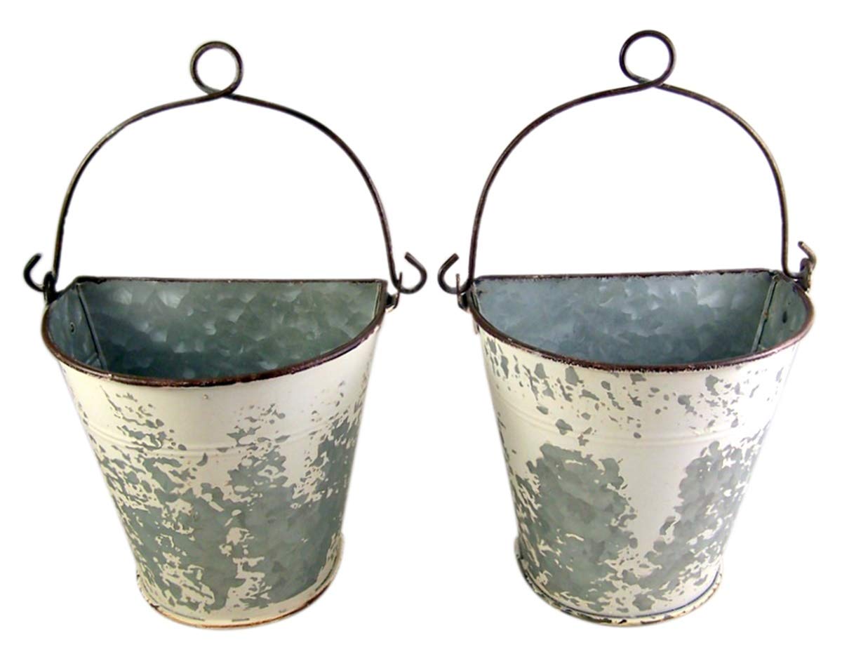 Primitive Galvanized Half Round Bucket Wall Planters - 6.75 Inch Rustic Metal Flower Pots for Indoor/Outdoor Decor - Perfect for Hanging Gardens, Porch Decor & Farmhouse Style