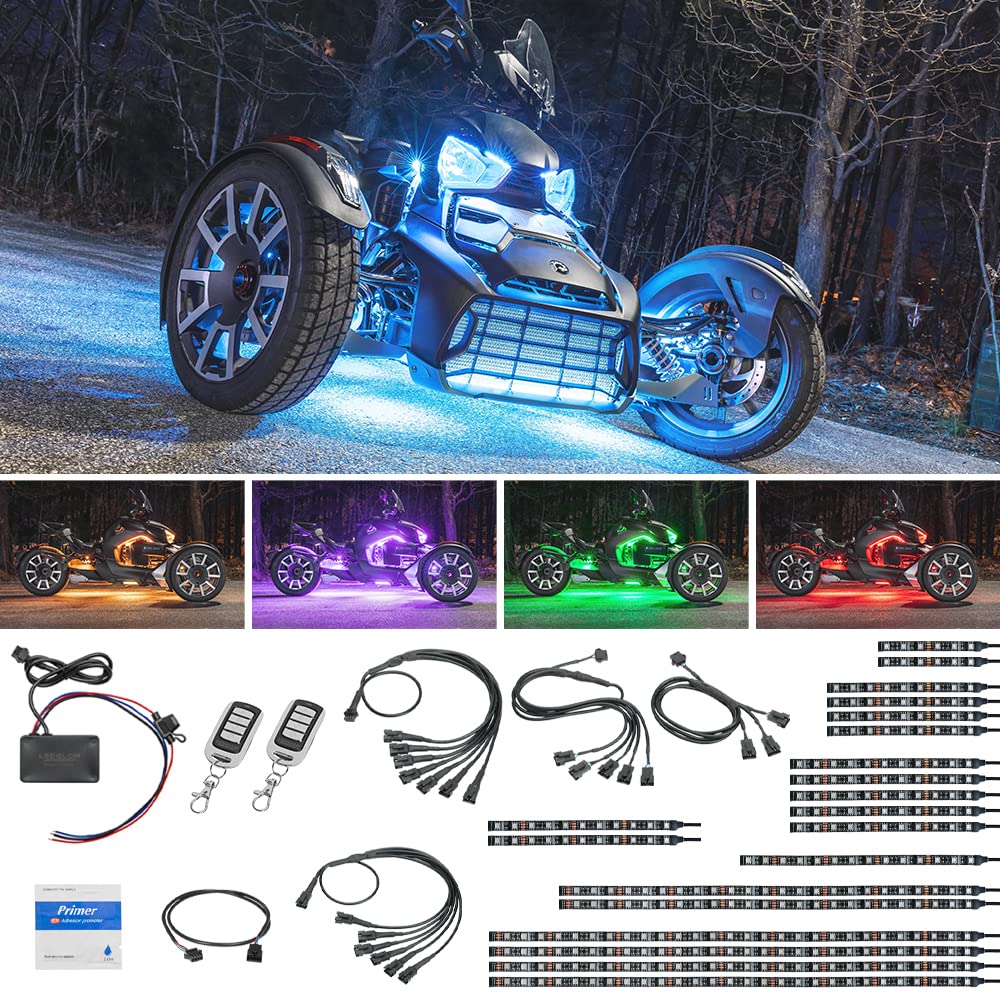 LEDGlow 20-Piece Advanced Million Color LED Motorcycle Underglow Lighting Kit for Can-Am Ryker - Waterproof Control Box & Flexible Strips - Brake Light Feature - Perfect for Night Riding & Custom Bike Shows