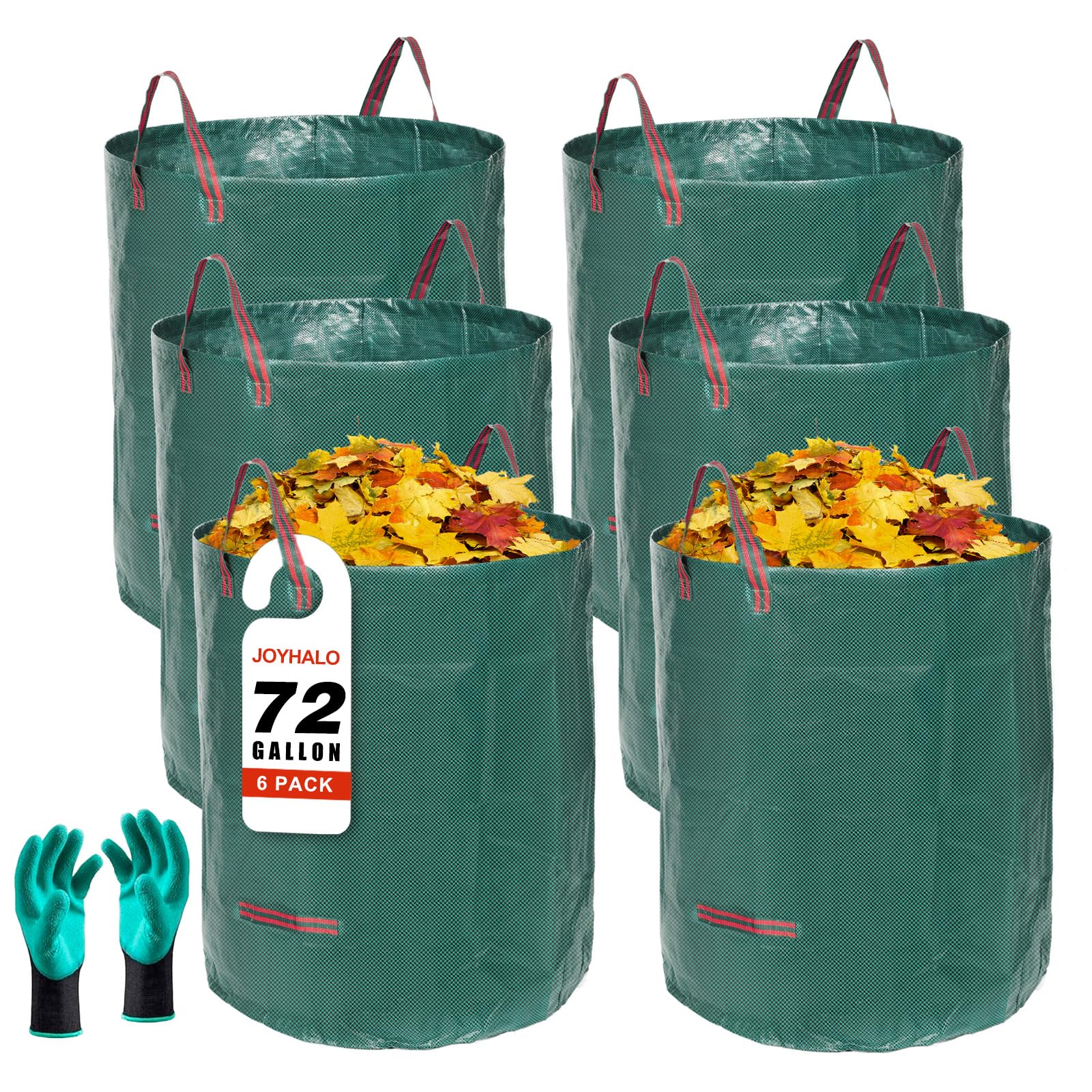 Joyhalo 72 Gallon Heavy Duty Reusable Yard Waste Bags - 6 Pack Standable Lawn & Leaf Bags with 4 Handles & Free Gardening Gloves | Perfect for Gardening, Leaf Collection, Camping & Yard Recycling