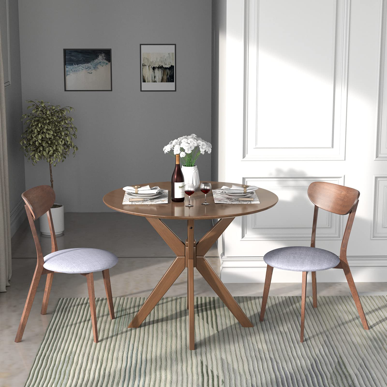 Giantex 3-Piece Wooden Farmhouse Dining Set - Round Kitchen Table with 2 Cushioned Chairs, Mid-Century Modern Dinette for Dining Room, Living Room & Small Spaces - Perfect for Family Meals, Breakfast Nook & Cozy Gatherings