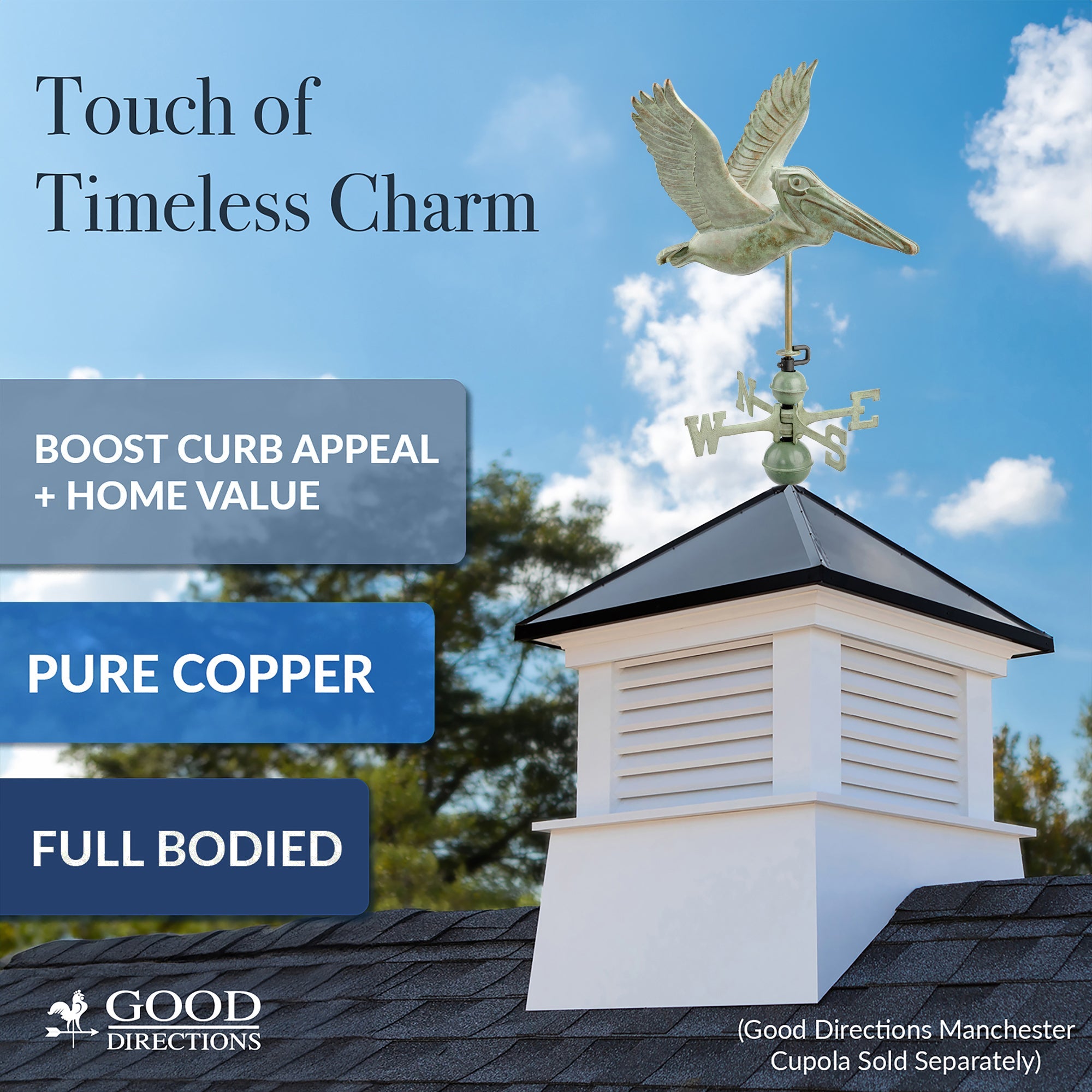Pelican Weathervane - Coastal & Nautical Decor for Outdoor Garden, Beach House, or Patio - Handcrafted Metal Wind Direction Indicator