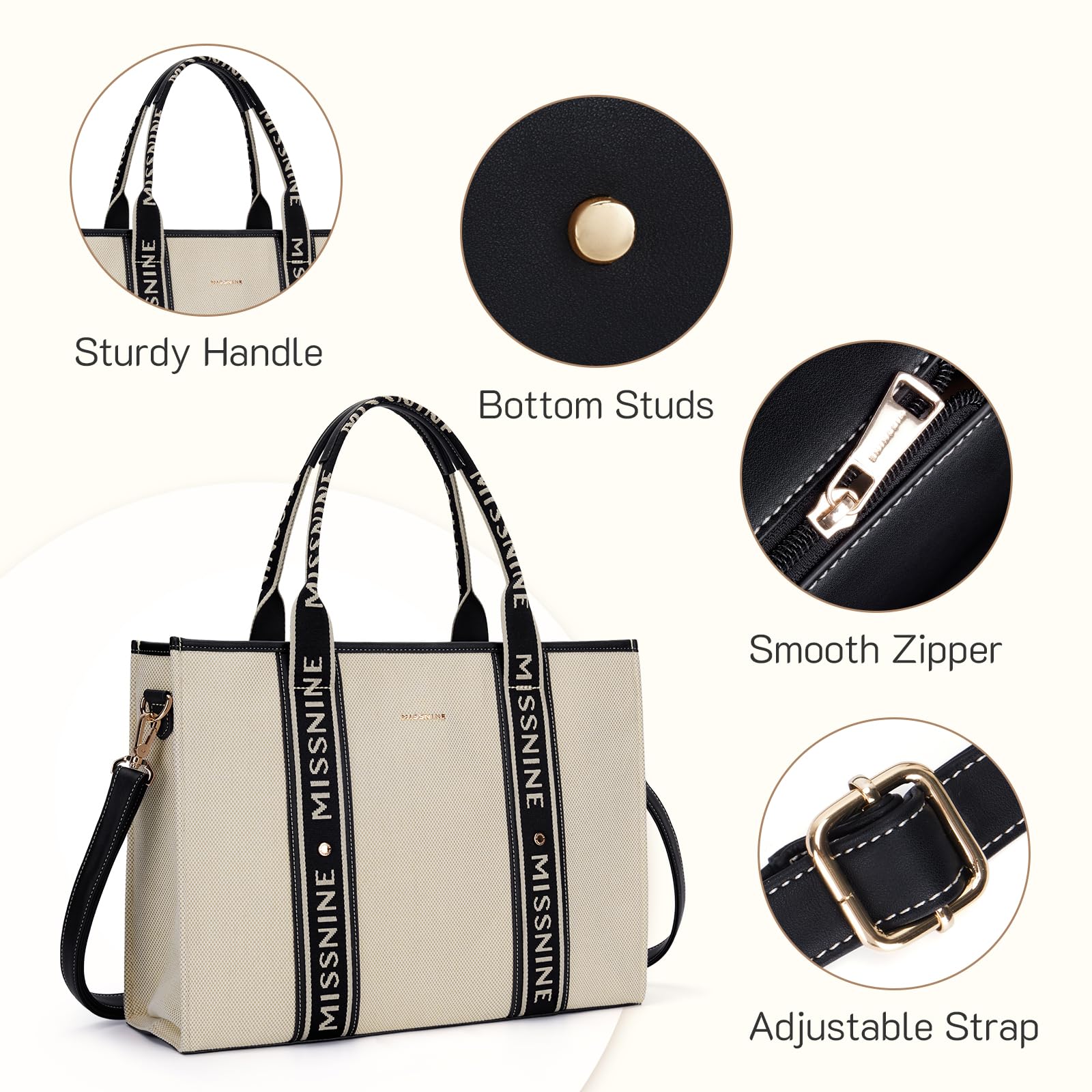 Missnine 15.6 Inch Canvas Tote Bag for Women - Large Capacity Laptop Briefcase Handbag for Office, School & Travel | Perfect Work Bag, College Backpack Alternative & Commuter Carryall