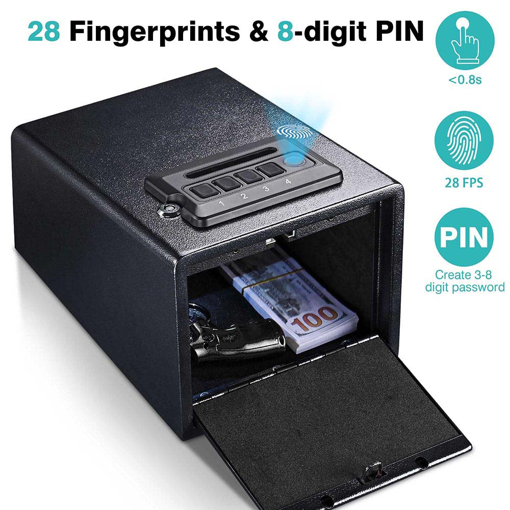 TheLAShop Biometric Digital Gun Safe - Fingerprint & Keypad Pistol Drawer Lock Box for Home & Office Security | Quick Access Handgun Storage for Bedside, Car, Travel Protection