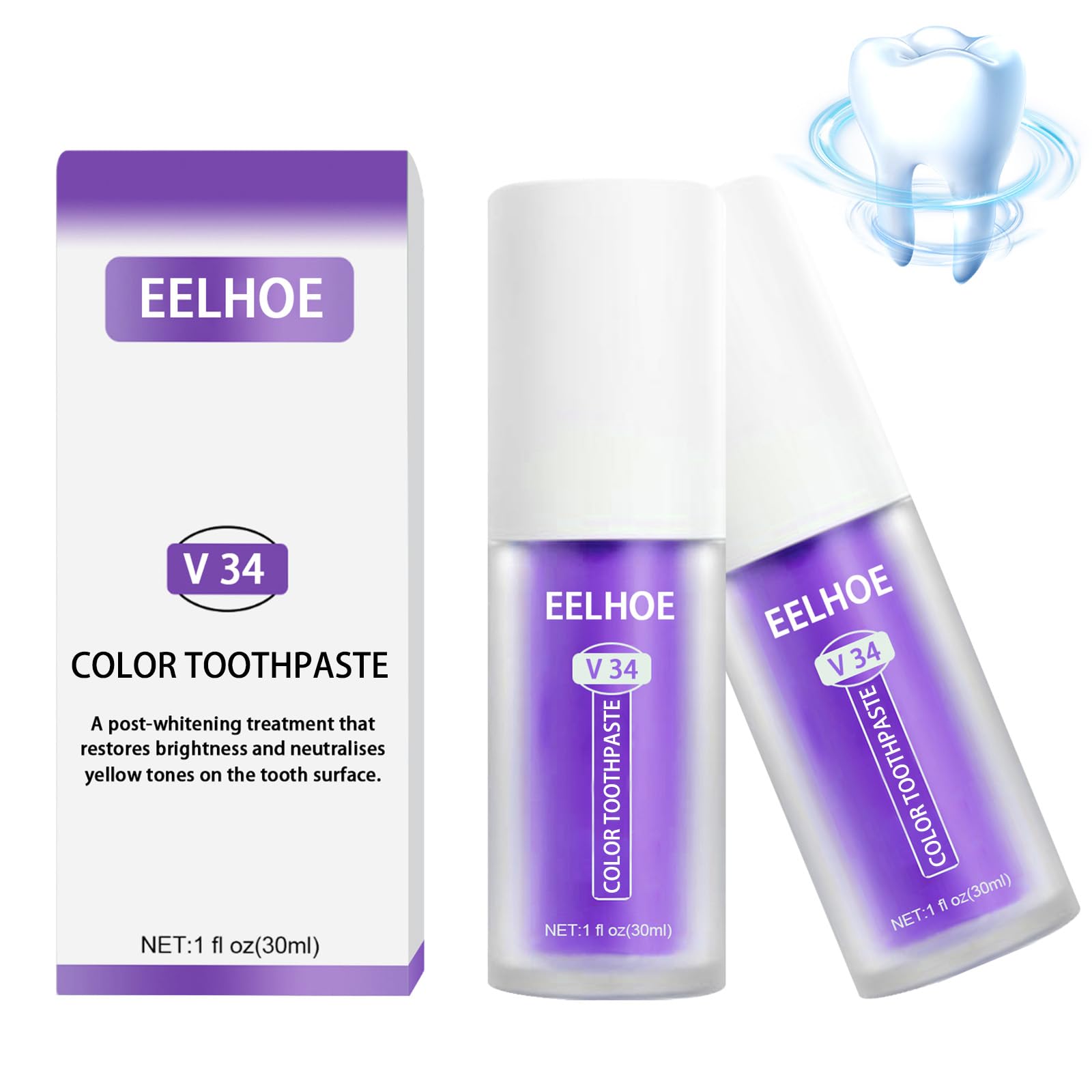 Ksndurn V34 Whitening Toothpaste - Purple Color Corrector for Teeth, Enamel Safe & Stain Removal | Perfect for Daily Use, Brightening Smiles & Fresh Breath