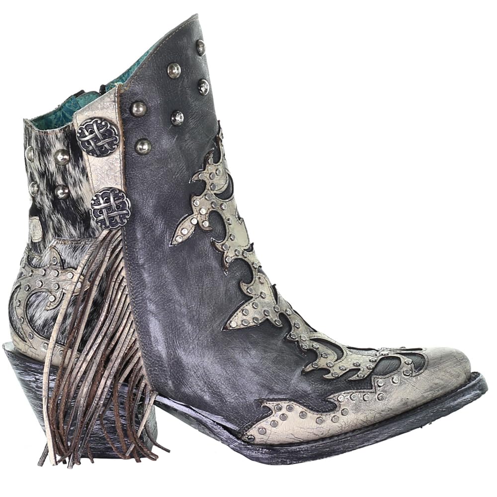 Women's Corral Boots - Metallic Overlay Studded Fringe Pointed Toe Ankle Boots with 1-2