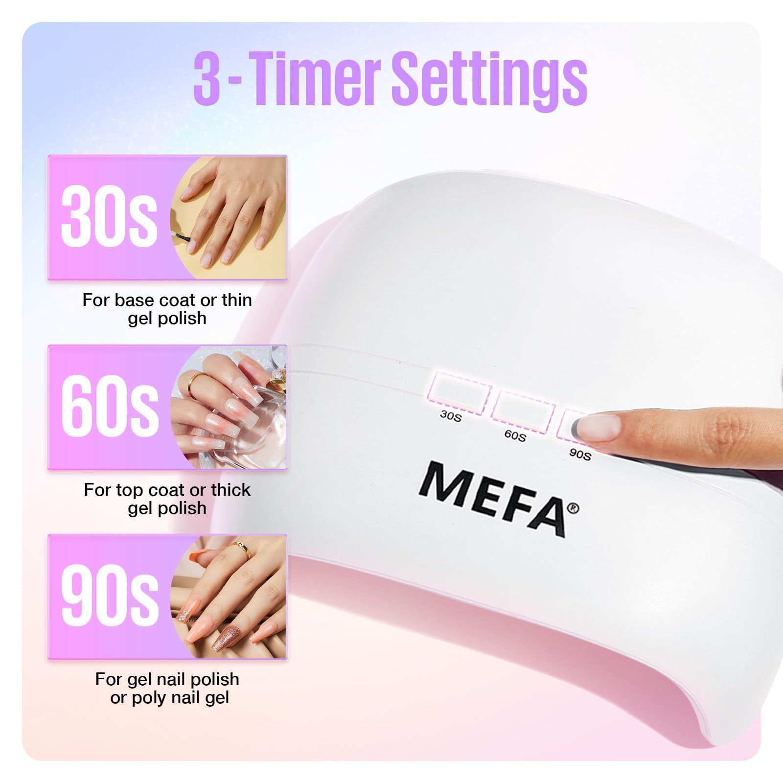 Professional MEFA 72W UV LED Nail Lamp for Gel Polish Curing - 3 Timer Settings, 21 High-Power Lamp Beads, Includes Base & Top Coat - Fast Drying for Home Salon & DIY Manicure - Perfect for Gel Nails, Acrylics & Nail Art at Home or Professional Use