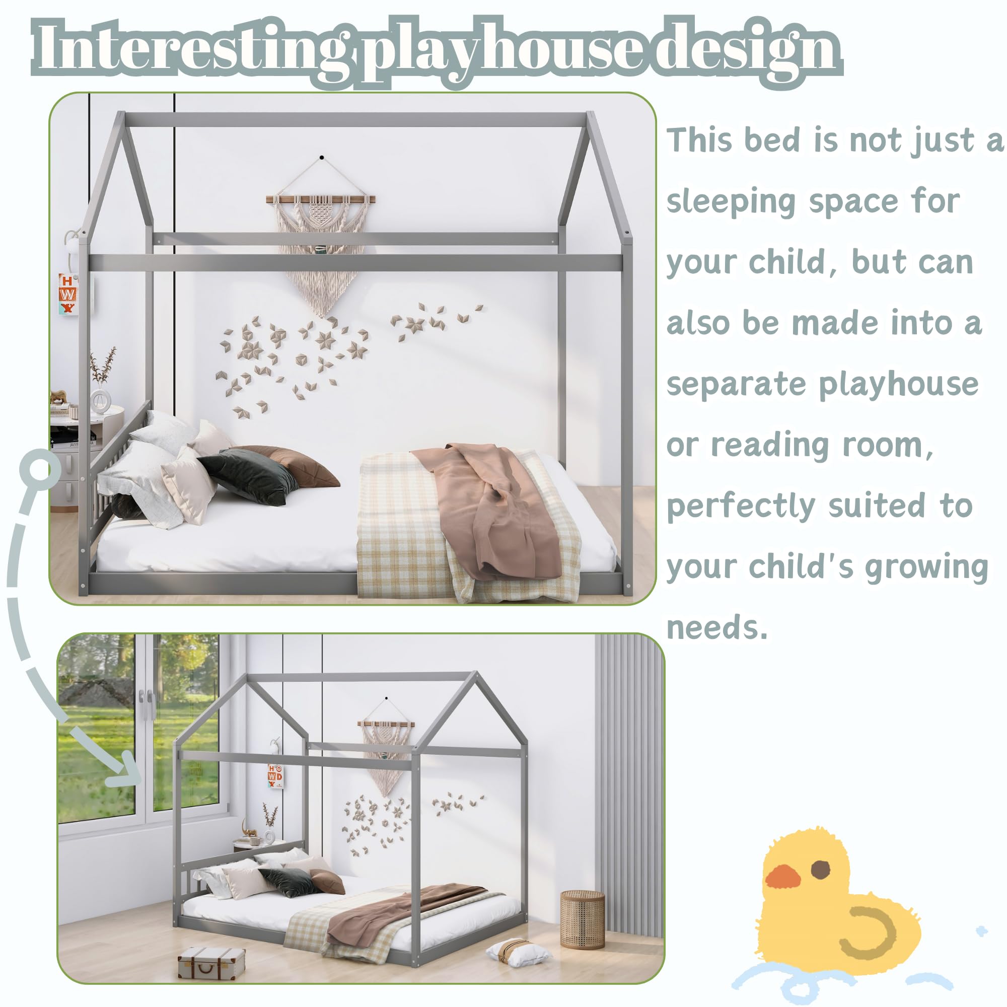 Montessori Wooden House Floor Bed Frame for Kids, Teens & Adults - Queen Size with Roof, No Box Spring Needed, Gray - Perfect for Kids' Bedrooms, Playrooms & Montessori Learning Spaces