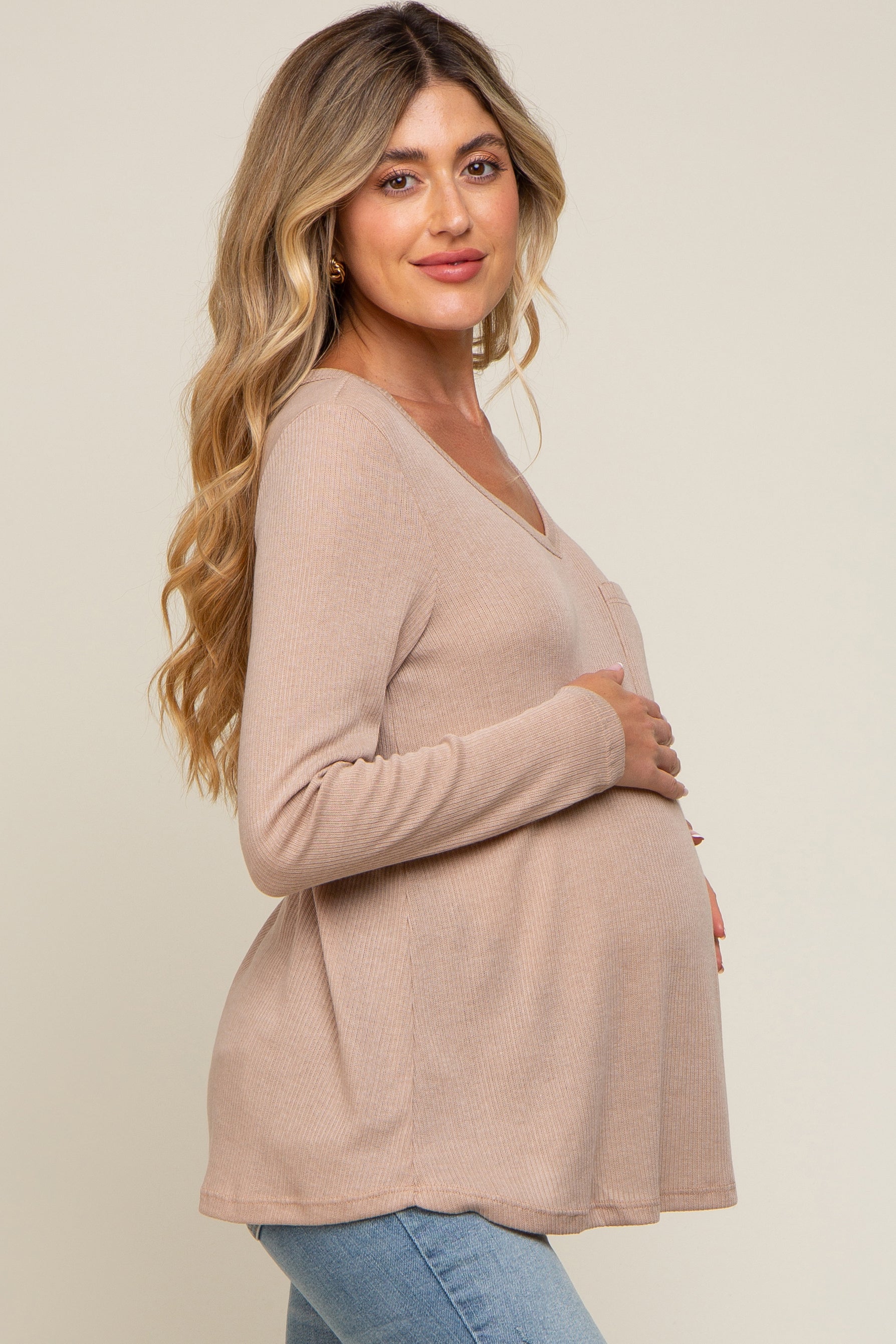 Beige Ribbed Knit Maternity Long Sleeve Top - Soft Stretchy Pregnancy Shirt for Women | Comfortable Nursing & Everyday Wear