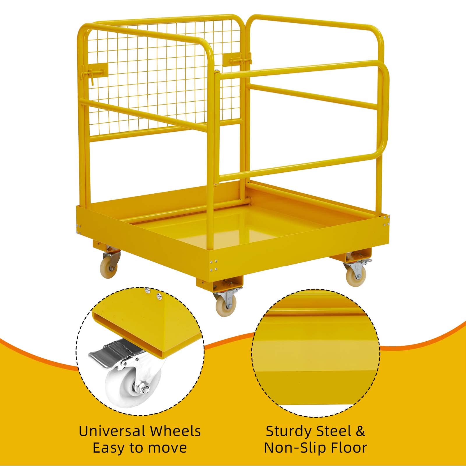 GARVEE 36x36 Inch Heavy Duty Collapsible Forklift Safety Cage Work Platform - 1200LBS Capacity with 4 Universal Wheels, Aerial Lift Basket with Rails for Warehouse, Construction & Industrial Loading - Yellow