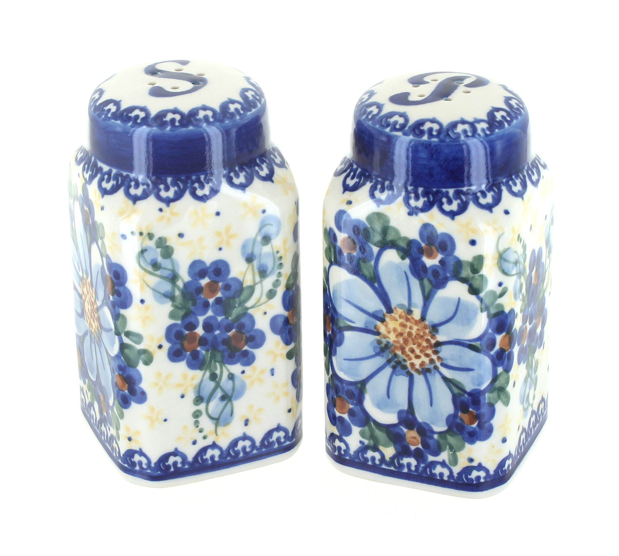 Handmade Blue Rose Polish Pottery Daisy Surprise Salt and Pepper Shakers Set - Vintage Ceramic Spice Shakers for Kitchen, Dining Table, and Gift Giving