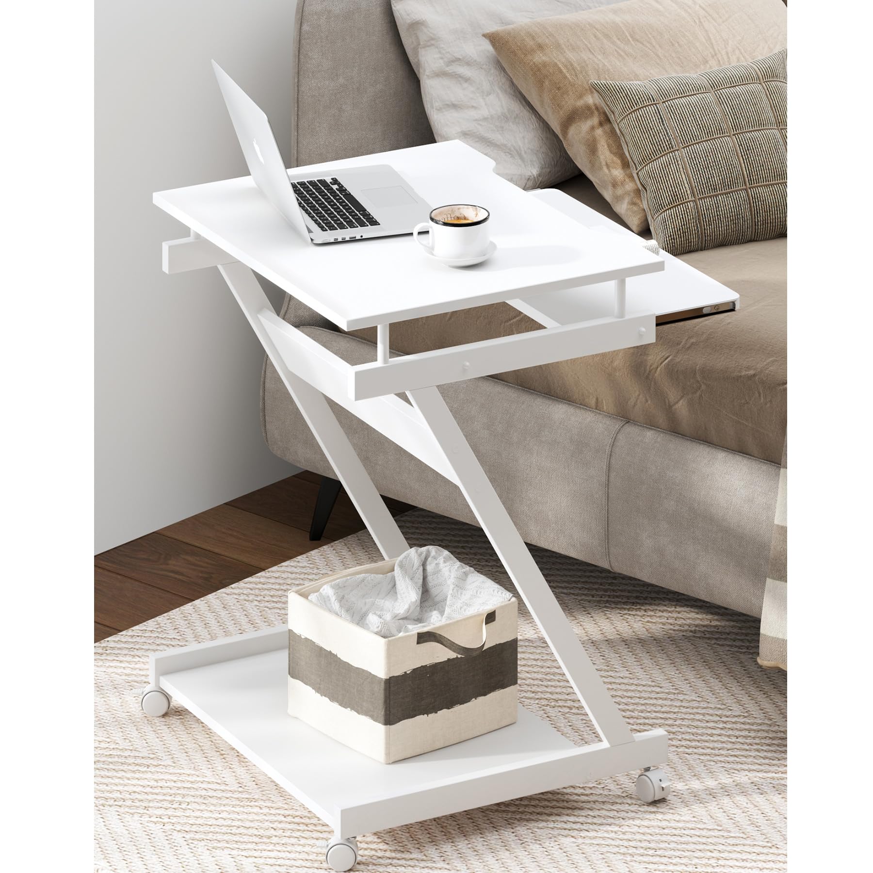 Soges Furniture Mobile Compact Computer Desk Cart - Portable Rolling Workstation with Printer Shelf & Keyboard Drawers for Small Spaces, Home & Office Use - White | Perfect for Dorm Rooms, Apartments, and Workspace Organization