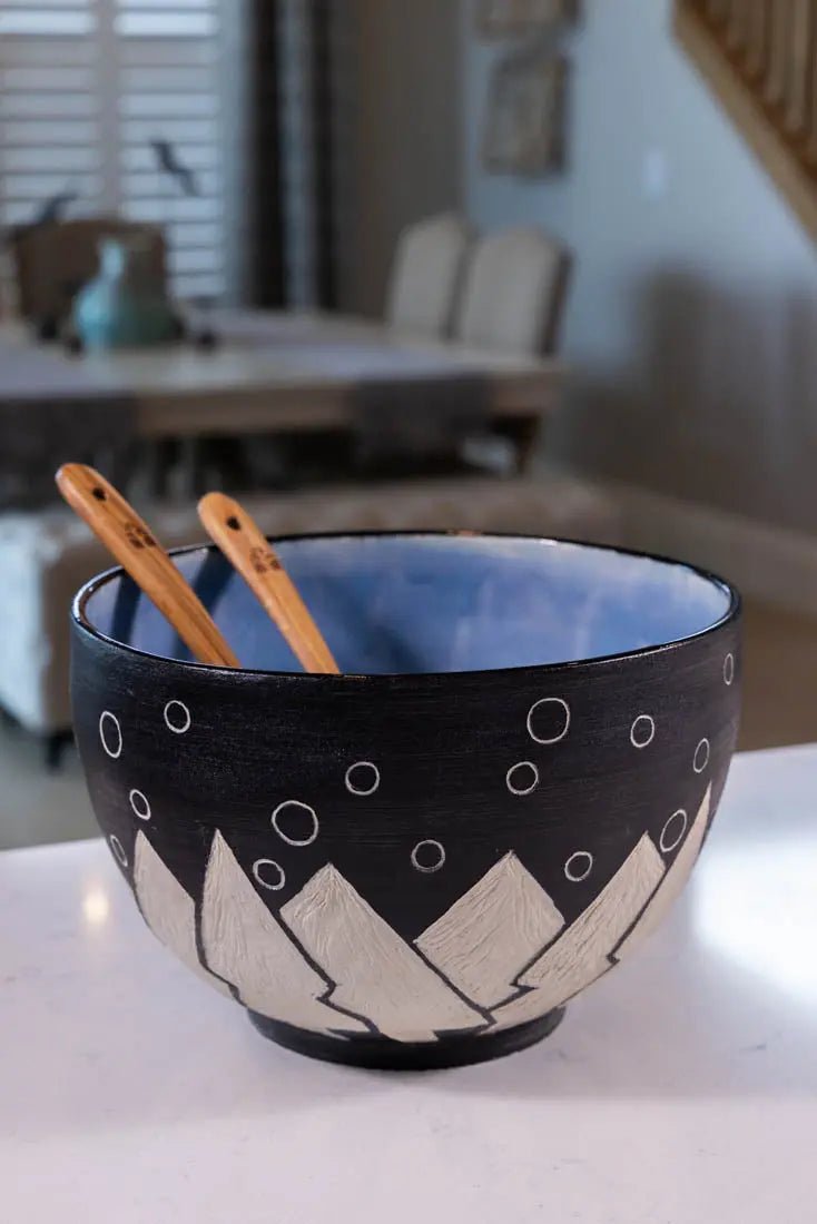 Large Stoneware Tree Bowl with Glacier Wind Blast Interior - Handcrafted Ceramic Serving Bowl for Salads, Fruits & Decor | Big Bowl Series All Star | Perfect for Rustic Kitchen & Dining Table Centerpiece