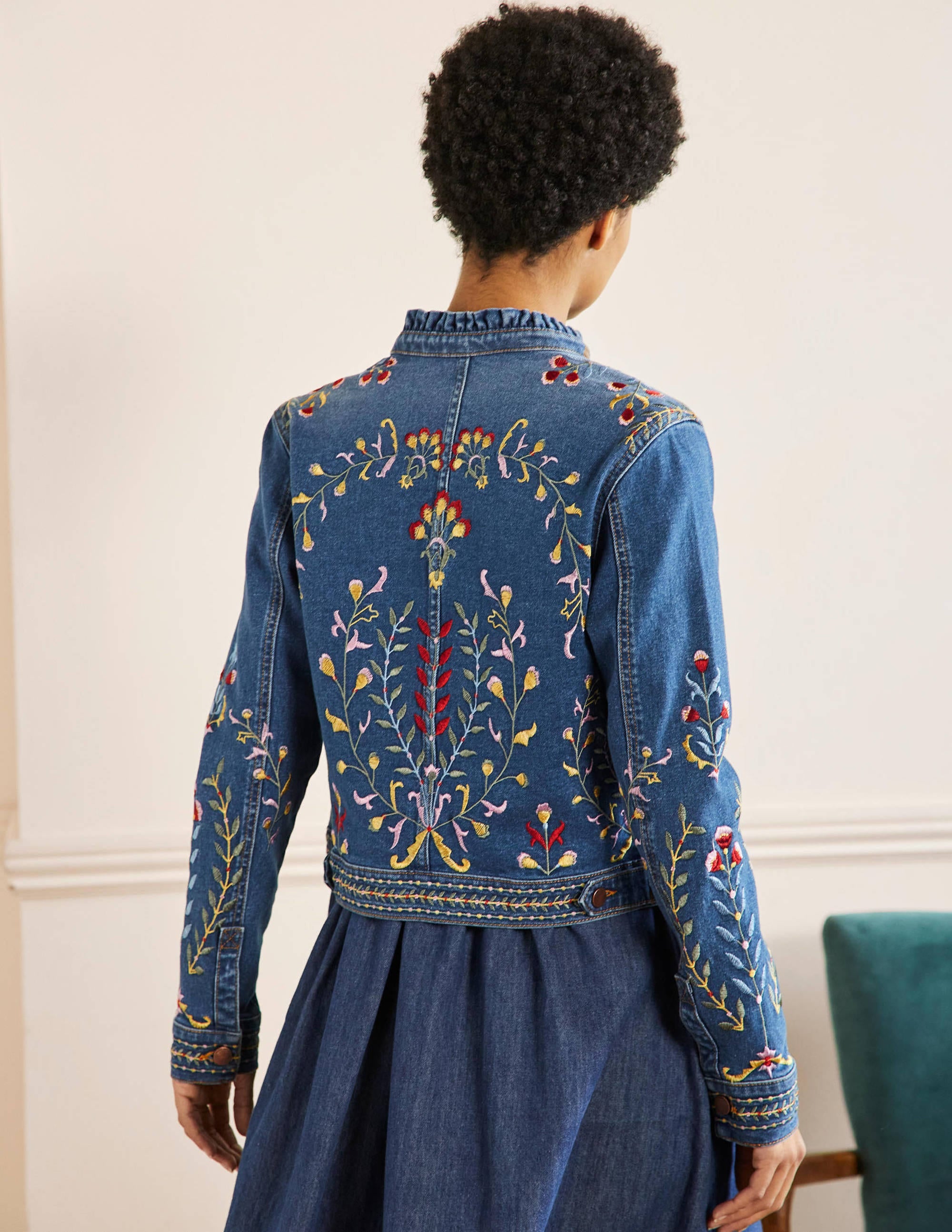 Vintage Embroidered Carla Ruffle Collar Jacket - Lightweight Women's Blazer for Office, Dating & Special Occasions