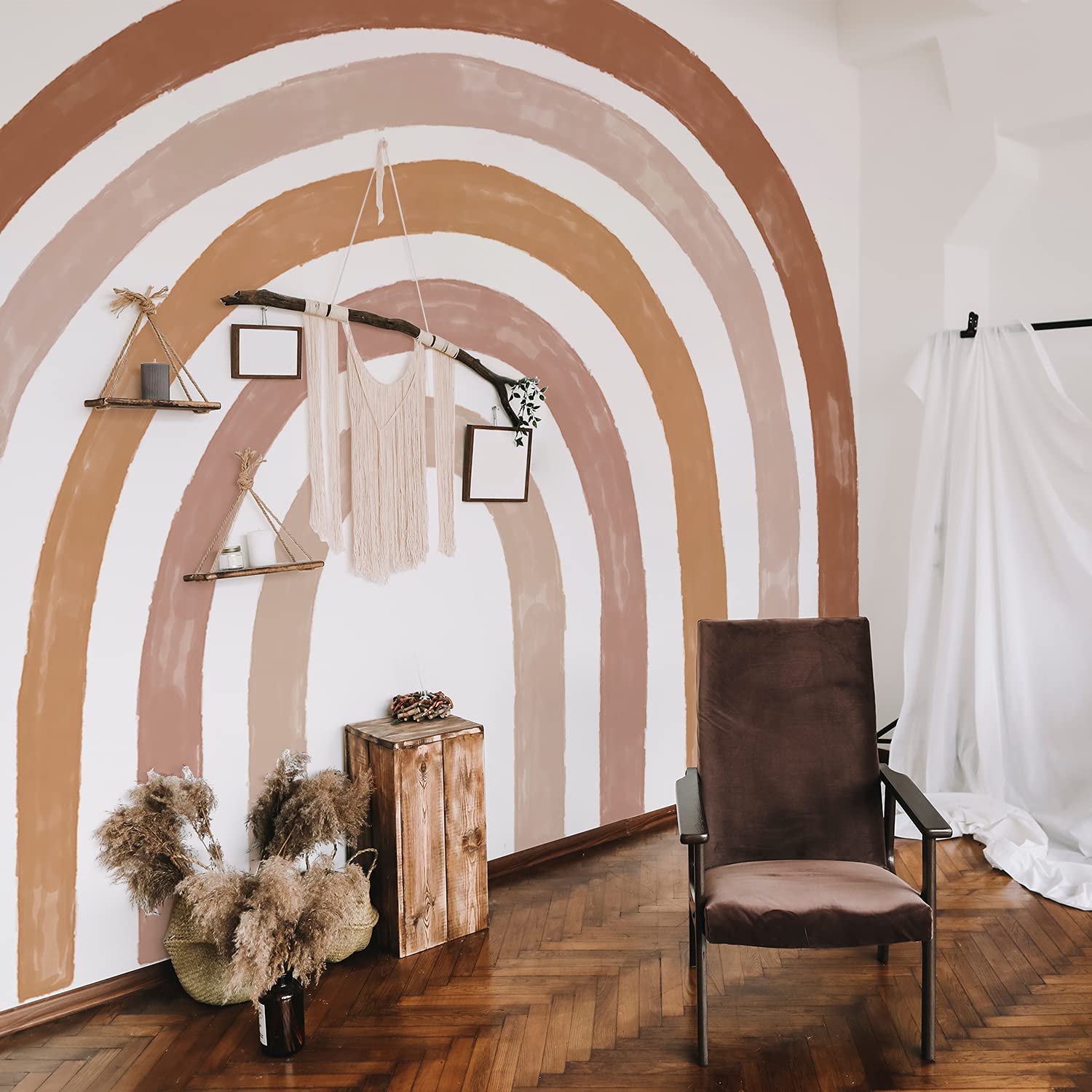Alwayspon Rainbow Fabric Wall Mural - Self-Adhesive Peel & Stick Wallpaper for Kids Room & Nursery Decor - Boho Brown Rainbow Design - Perfect for Bedroom, Playroom & Dorm Room Wall Decoration