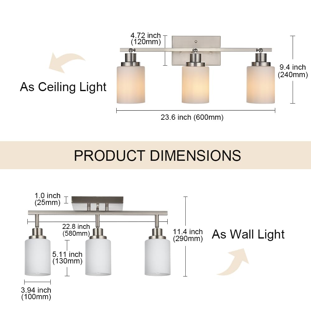 3-Light Brushed Nickel Track Lighting Fixture with Opal White Glass Shades, E26 Bulb Base - Modern Ceiling & Wall Spot Lights for Living Room, Kitchen, Gallery & Retail Stores