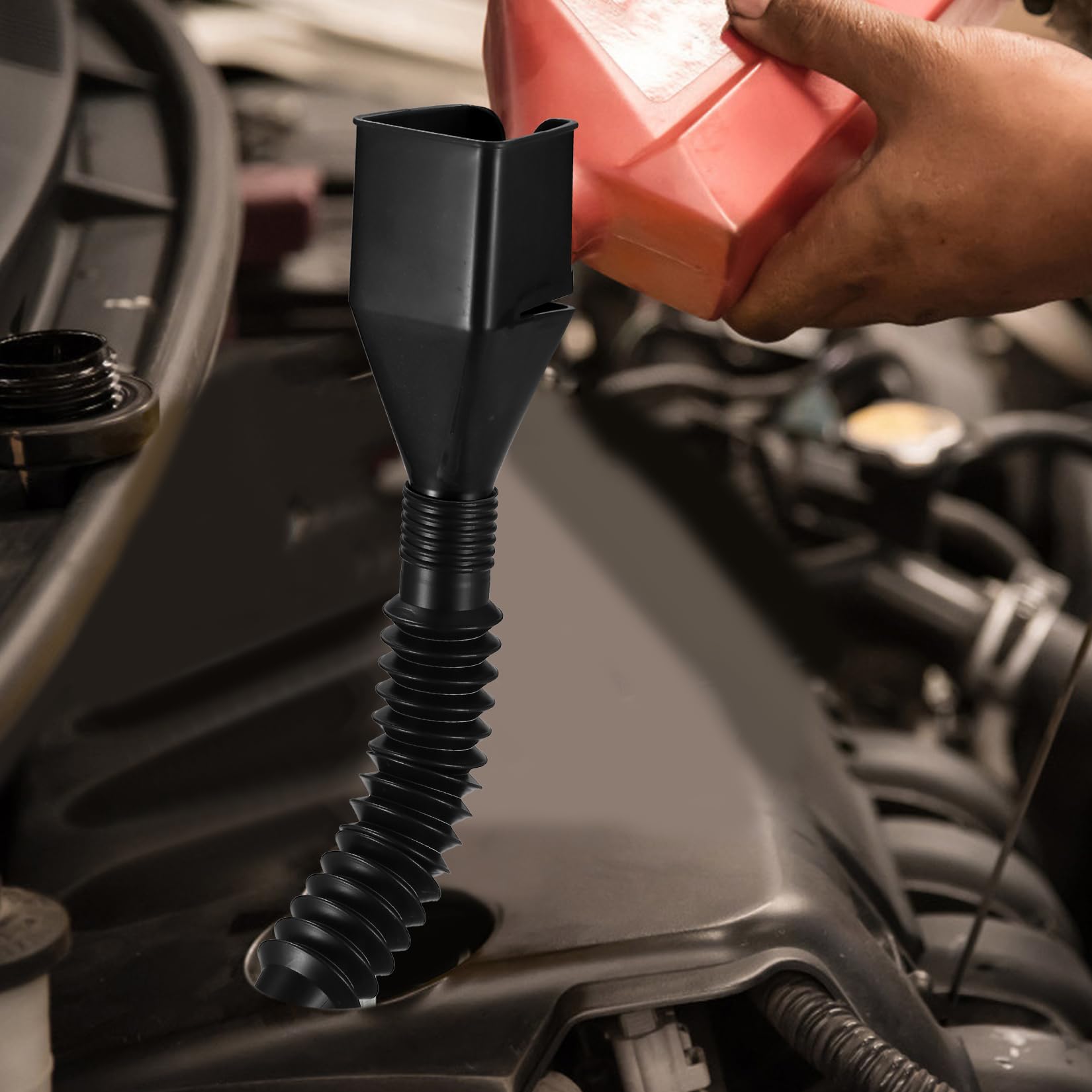 8-Piece Snap Funnel Set with Extendable Flexible Spout - Universal Car Oil Drain Tool for Gas, Diesel, Water & Motorcycle Maintenance - Plastic Fluid Funnel for Automotive, Home & Workshop Use (Black)