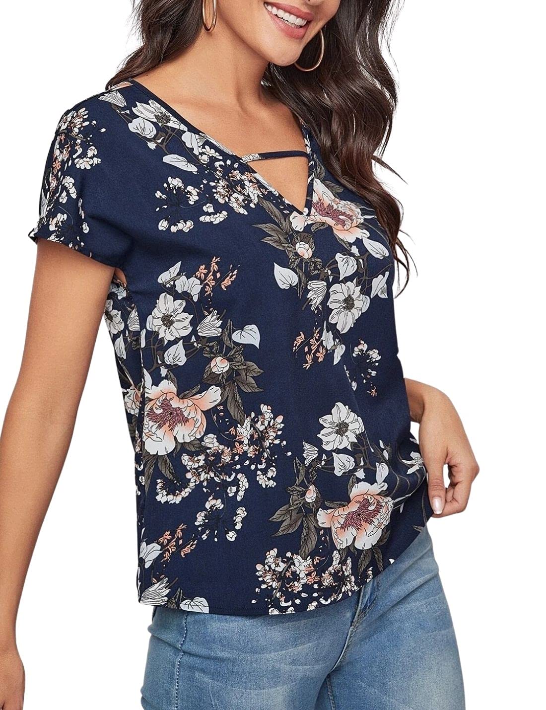 Kwoki Women's Short Sleeve Floral Leopard Print V-Neck Tunic T-Shirt Blouse - Casual Summer Tops for Work, Date Night & Vacation Outfits