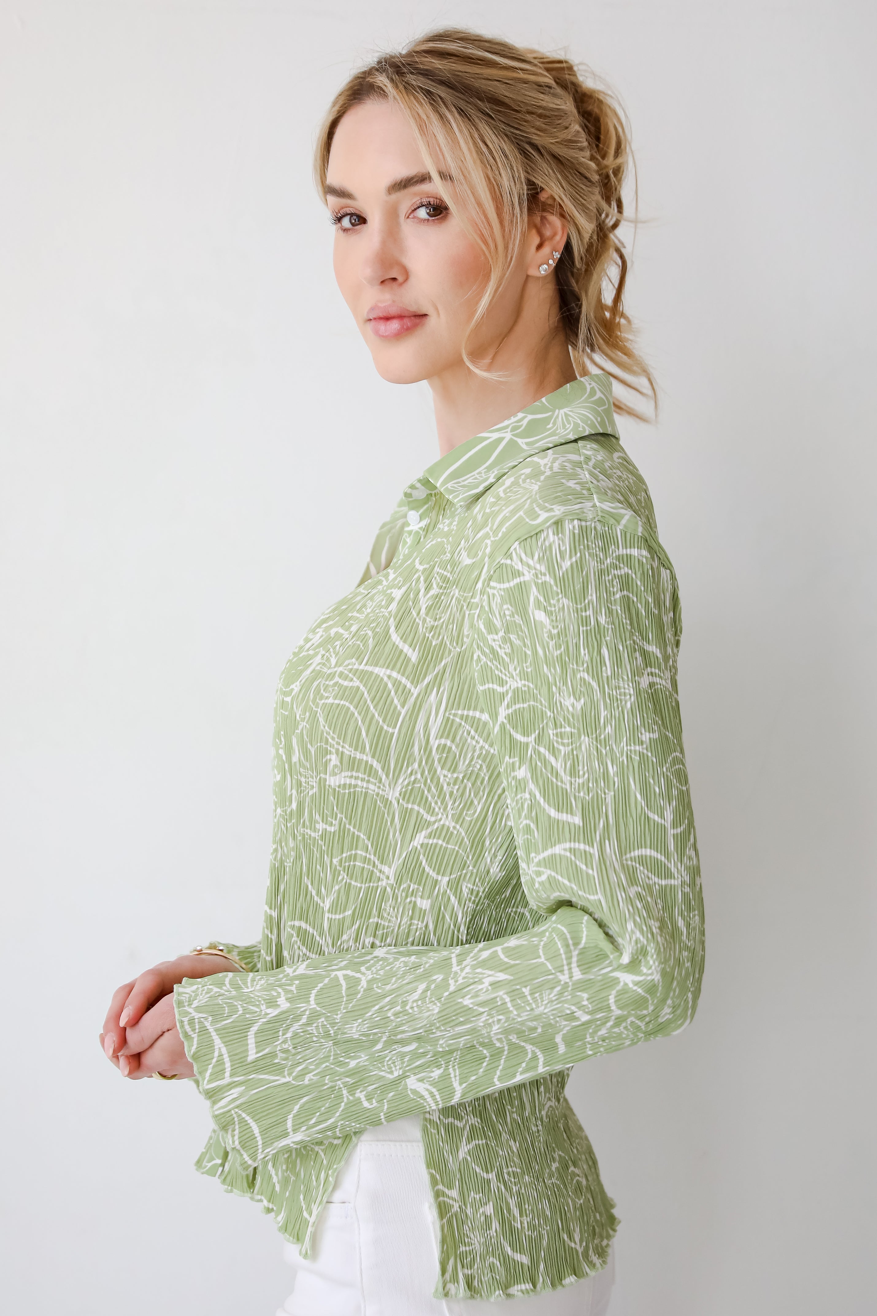 Chic Sage Floral Plisse Button Up Blouse for Women - Elegant Ruffled Tops for Spring & Summer | Perfect for Office, Date Night & Casual Outings
