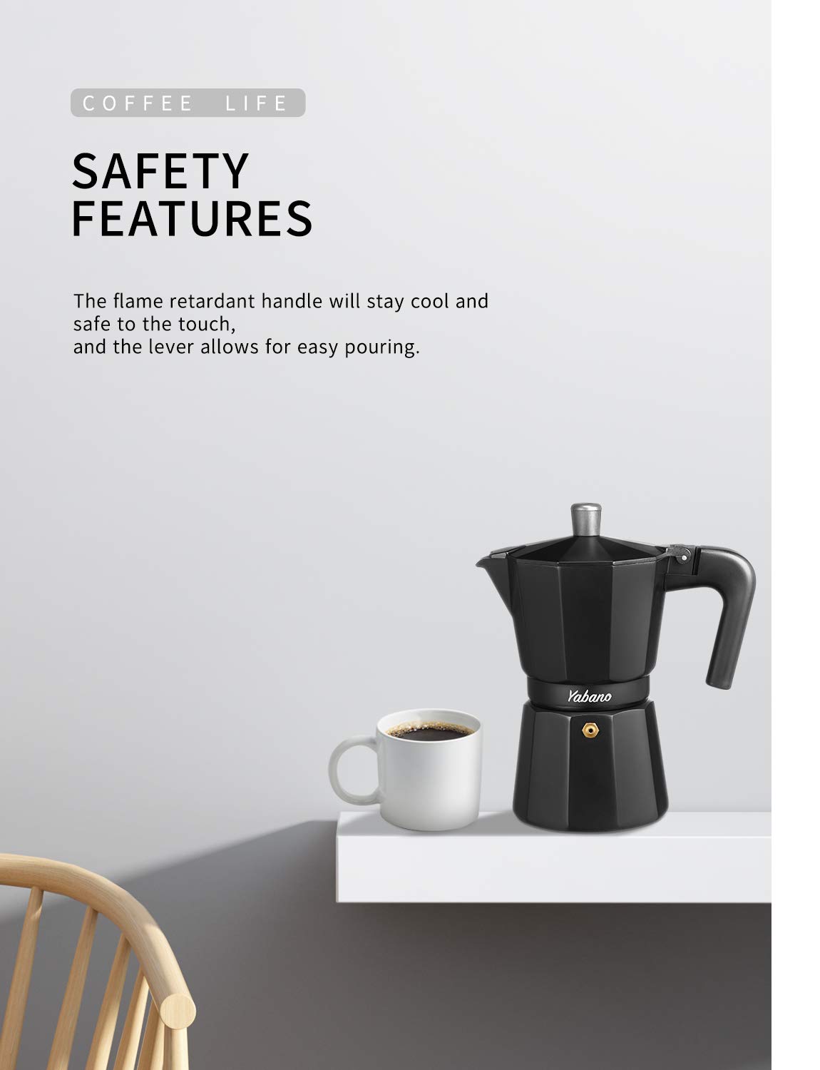 Yabano 3-Cup Stovetop Espresso Maker - Italian Moka Pot for Gas & Electric Stoves - Perfect for Espresso, Cappuccino & Latte - Ideal for Home, Office & Camping Coffee Brewing