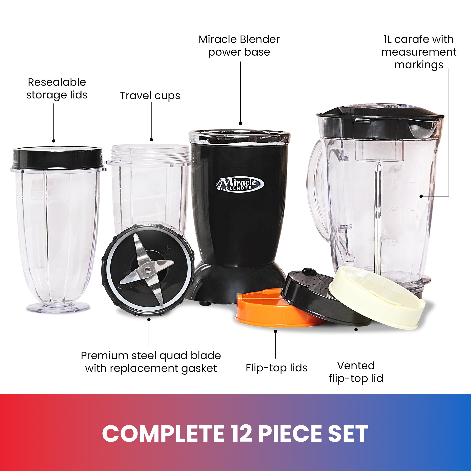 Total Chef 12-Piece Miracle Blender Set with Heavy Duty Quad Blade - 1L Glass Carafe, Travel Cups & Lids - Dishwasher Safe for Smoothies, Protein Shakes, Sauces, Salsas & Baby Food - Perfect for Kitchen, Gym & On-The-Go Blending