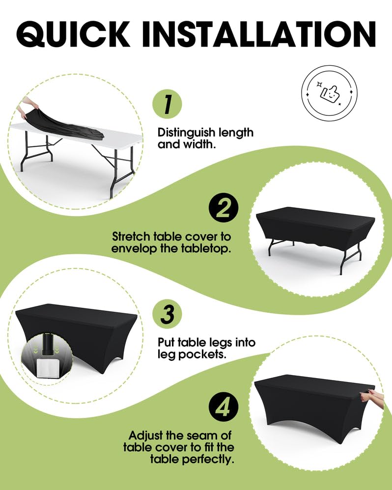 Pureegg Spandex Tablecloth 6ft - 2 Pack, Fitted Stretch Table Cover for Rectangle Tables, Wrinkle-Free & Elastic Tablecloth for Graduation, Wedding, Party & Banquet Decor - Black | Perfect for Dining Tables, Buffet Setups & Event Centerpieces