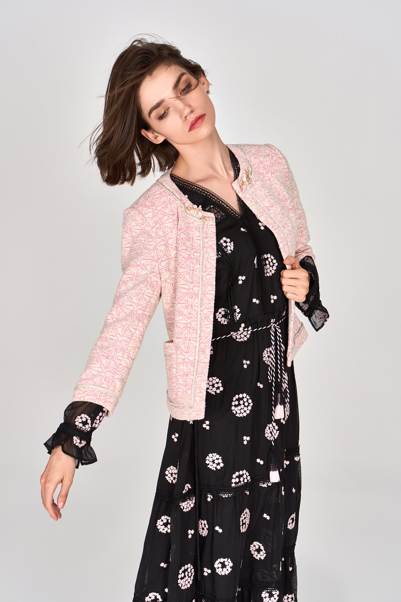 Stylish Pink Tweed Jacket for Women - Elegant Digital Print Blazer - Perfect for Office, Party & Special Occasions