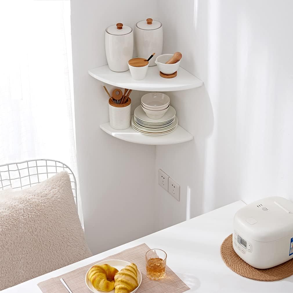 White Floating Corner Shelf Set of 2 - 10 Inch Solid Oak Wood Wall Shelves with Wire Hole - Round End Wall Mount for Small Plants - Perfect for Bedroom, Kitchen & Living Room Decor