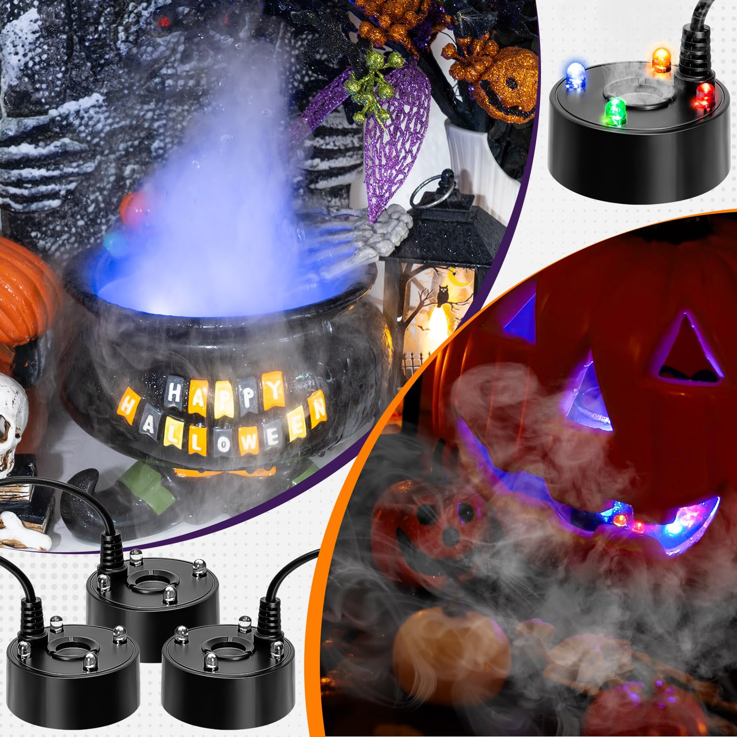 3Pcs Ultrasonic Mist Maker with 4 LED Lights - Mini Fog Machine for Water Fountain, Fish Tank, Halloween Decor - Portable Water Atomizer for Home, Garden, and Party Decorations