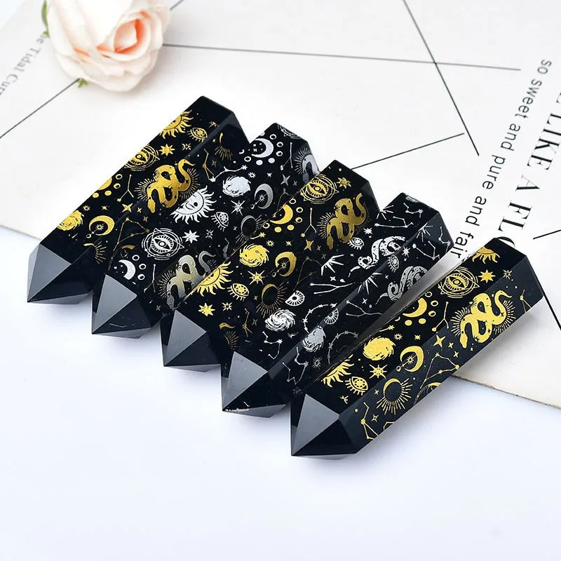 Moon Print Plated Obsidian Crystal Tower – Healing Stone for Meditation, Reiki & Spiritual Energy – Perfect for Home Decor, Yoga & Feng Shui
