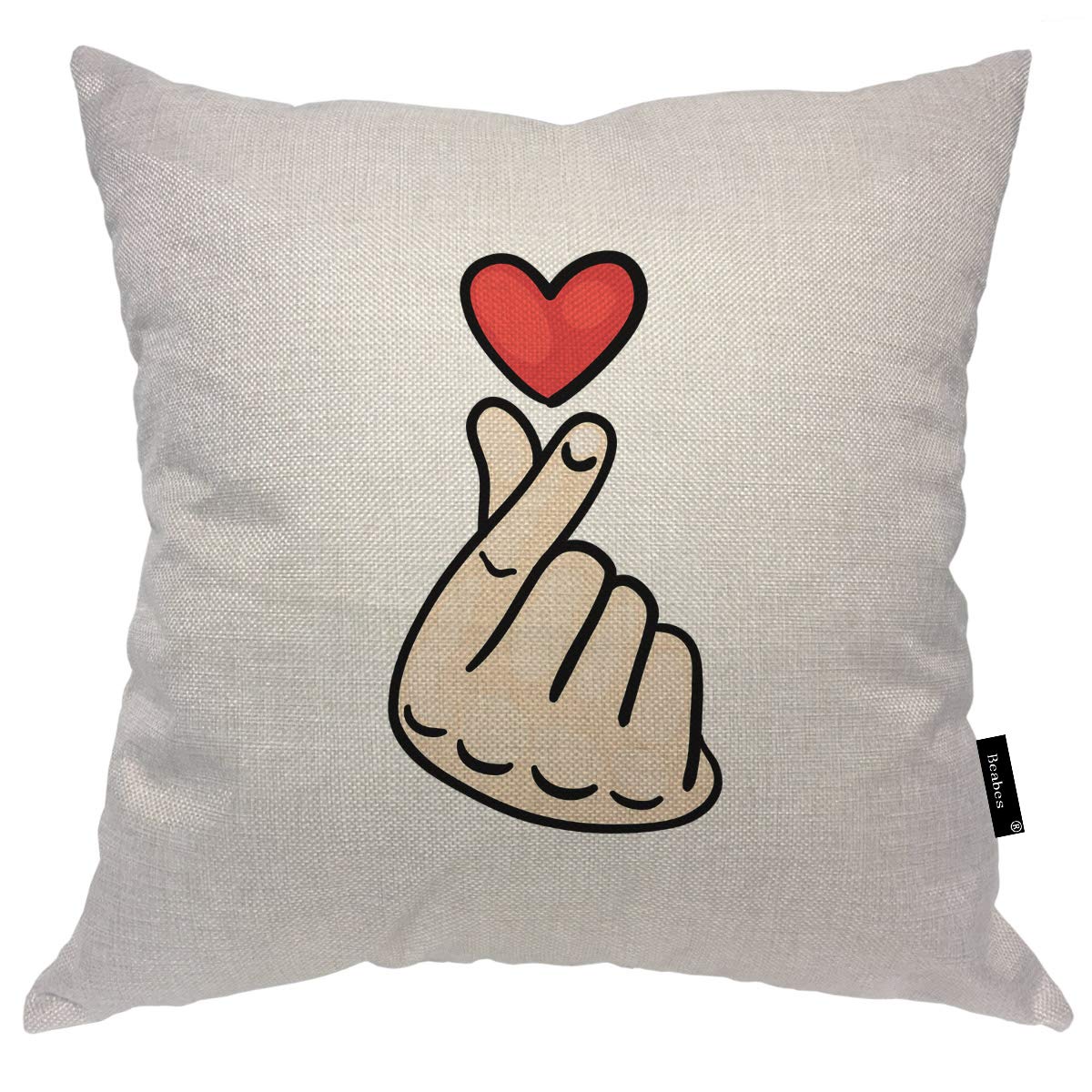Beabes Love Hand Gesture Cozy Throw Pillow Cover - Korean Finger Heart 'I Love You' Hangul Symbol Hand Heart Sign - 18x18 Inch Cotton Linen Decorative Cushion Cover for Living Room, Bedroom & Office - Perfect Gift for Couples, Friends & Home Decor