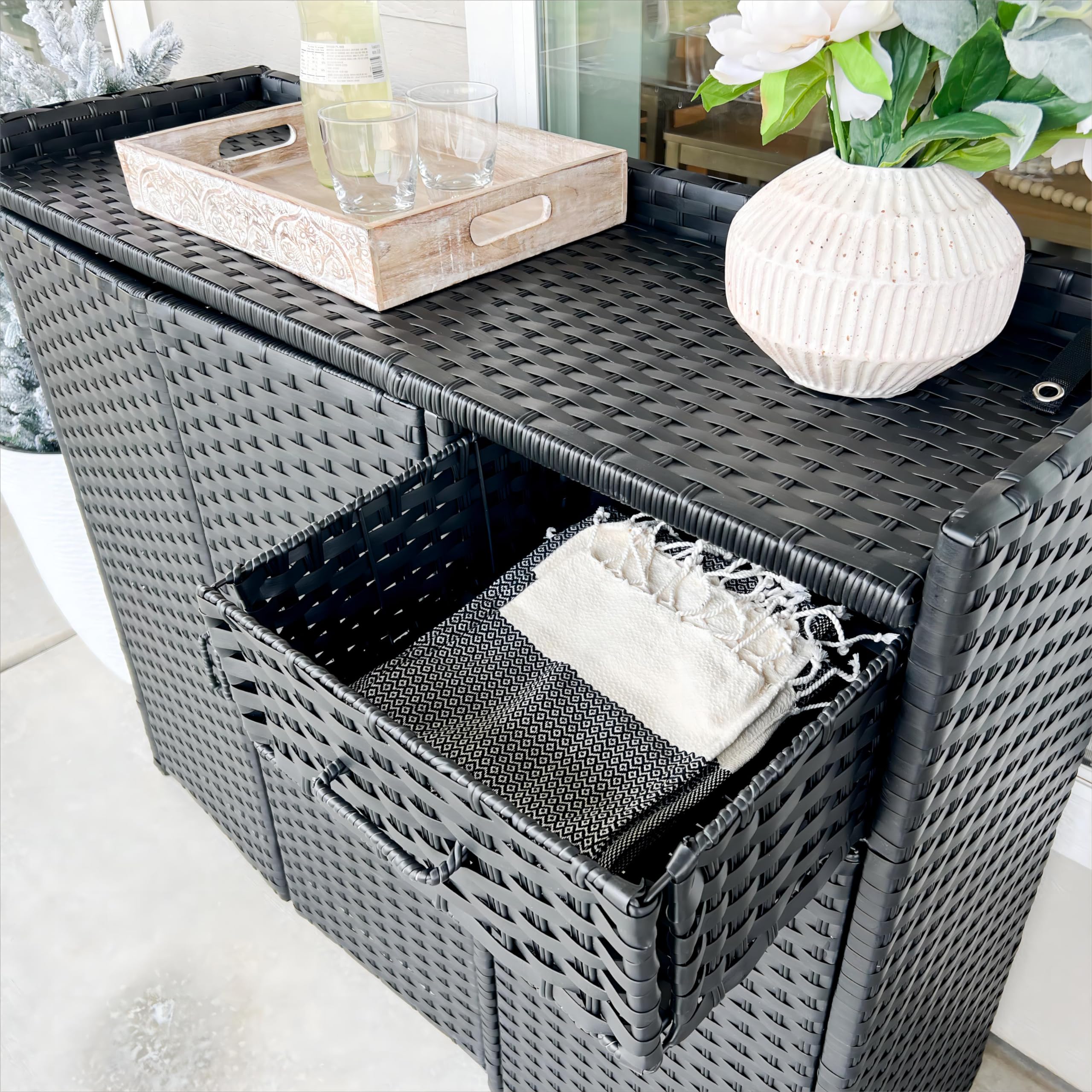 YITAHOME Outdoor Storage Cabinet - Weatherproof Rattan Bar Table with 2 Doors, Adjustable Shelves & Foldable Drawer - Wicker Patio Storage Box for Outdoor Cushions, Pool Tools & Garden Accessories - Perfect for Backyard, Deck & Poolside Organization - Black