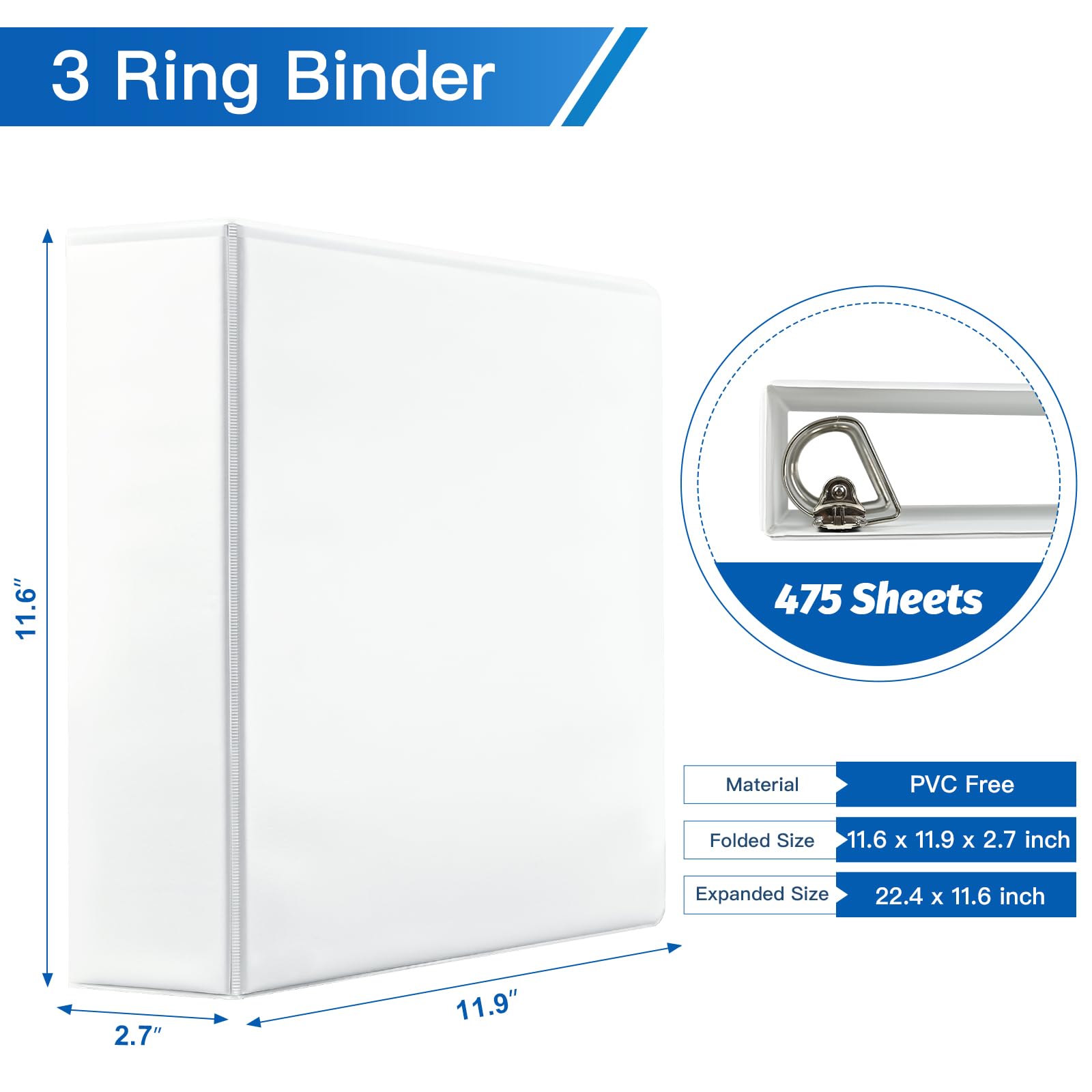 2 Inch 3 Ring Binders, 6-Pack Slant D Ring Binders with Non-Stick Cover - PVC-Free, Holds 475 Sheets of US Letter Paper - Perfect for Office, School, and Home Organization (White)