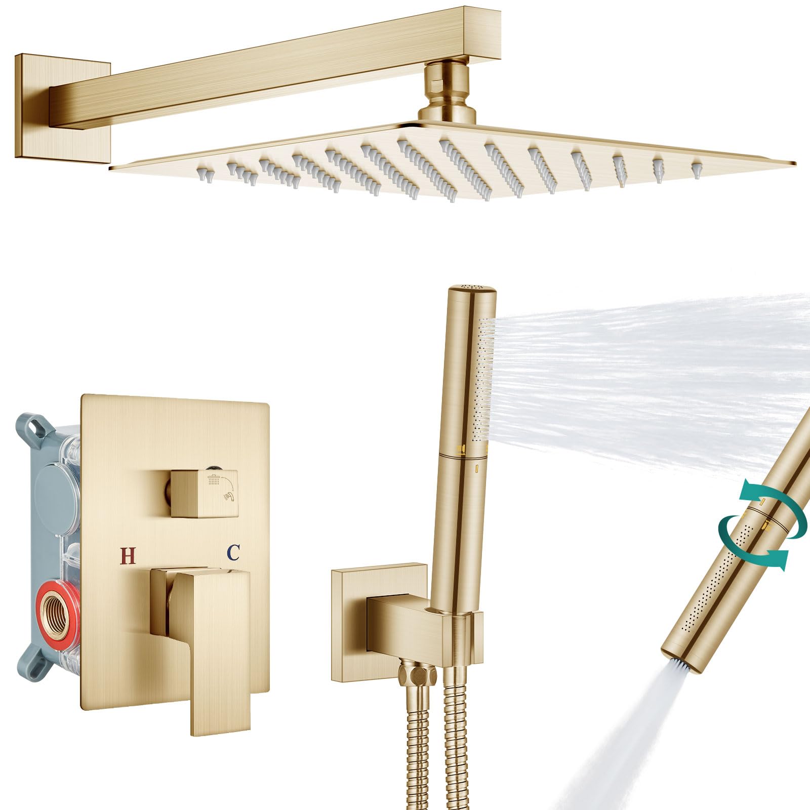 Aolemi 12 Inch Brushed Gold Shower System - High Pressure Rainfall Shower Head & Handheld Spray Combo with Wall Mount & 2-in-1 Rough-in Valve | Perfect for Luxury Bathroom Renovation & Spa-Like Shower Experience