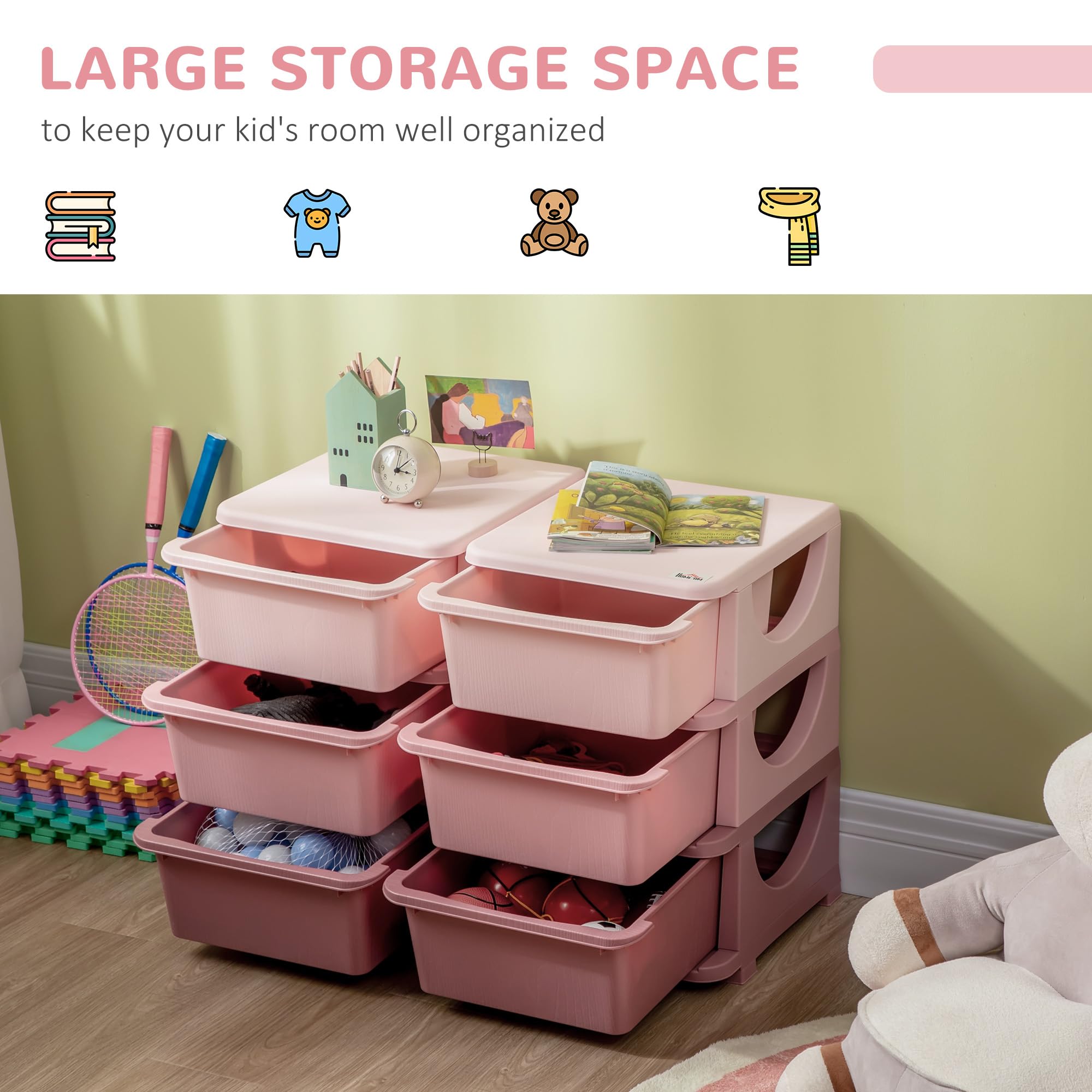Qaba 6-Bin Kids Toy Storage Organizer - 3-Tier Plastic Drawer Chest for Bedroom, Nursery & Playroom - Pink Toy Organizer for Boys & Girls Toddlers | Perfect for Kids' Room Organization & Toy Cleanup
