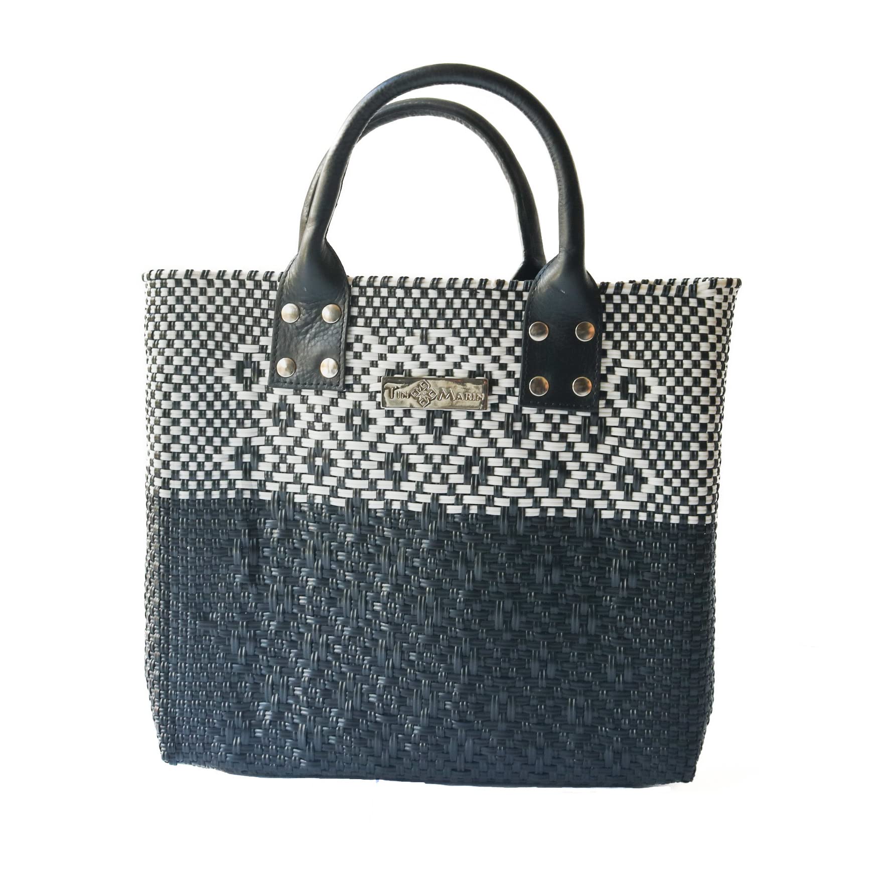 Stylish Black Large Woven Crossbody Bag with Leather Handles & Adjustable Strap - Eco-Friendly Handwoven Recycled Plastic Purse | Mexican Oaxaca Tote for Women | Perfect for Summer, Work & Everyday Use | Casual Outings, Beach Trips & Office Commute