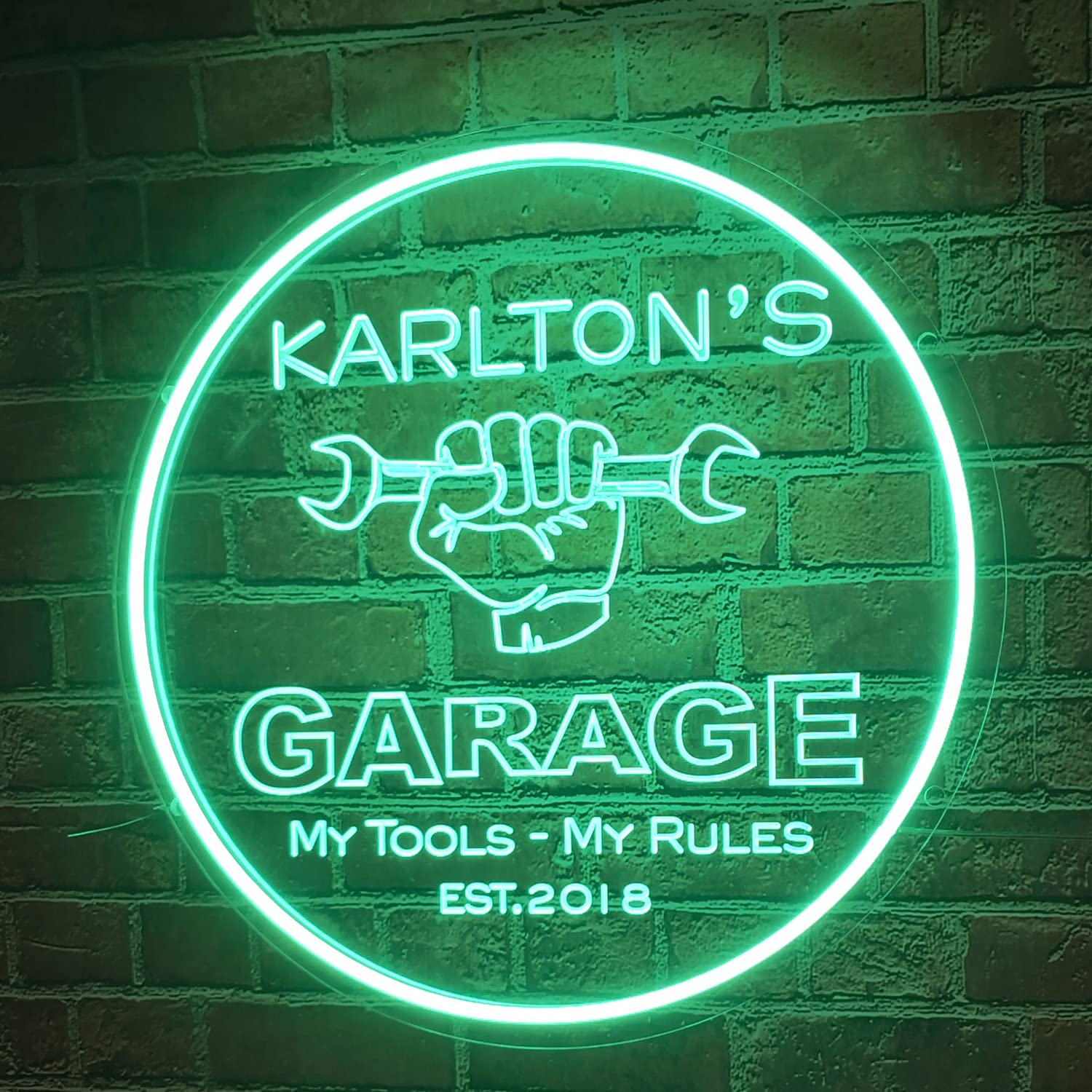 Custom Neon Garage Signs - Personalized LED Light Sign for Man Cave, Dad's Workshop & Gifts - 16x16 Inch Round Neon Decor for Home Bar, Garage Wall & Birthday Presents