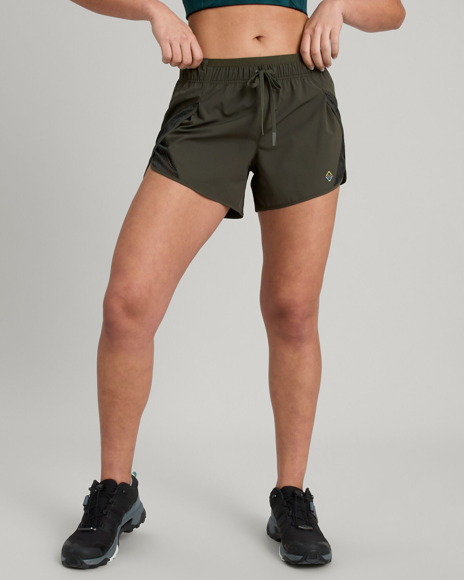 WELL.DER.NESS Women's High Waisted 4 Inch Athletic Shorts - Dark Moss Green for Running, Yoga & Gym Workouts