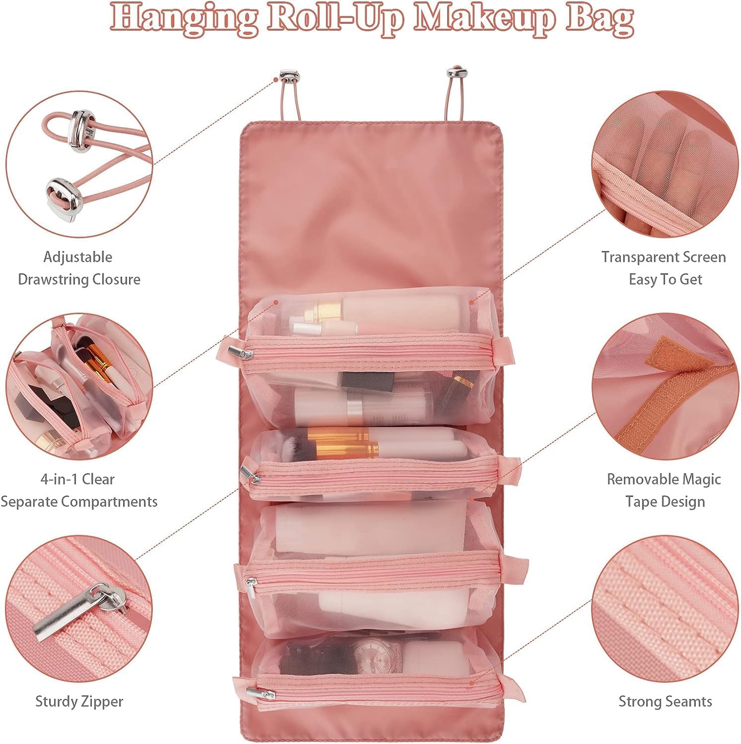 INKULTURE 4-in-1 Detachable Makeup Organizer Bag - Waterproof Polyester Travel Cosmetic Case for Women, Pink Toiletry Pouch with Multiple Compartments | Perfect for Travel, Gym, Daily Use & Gift Giving