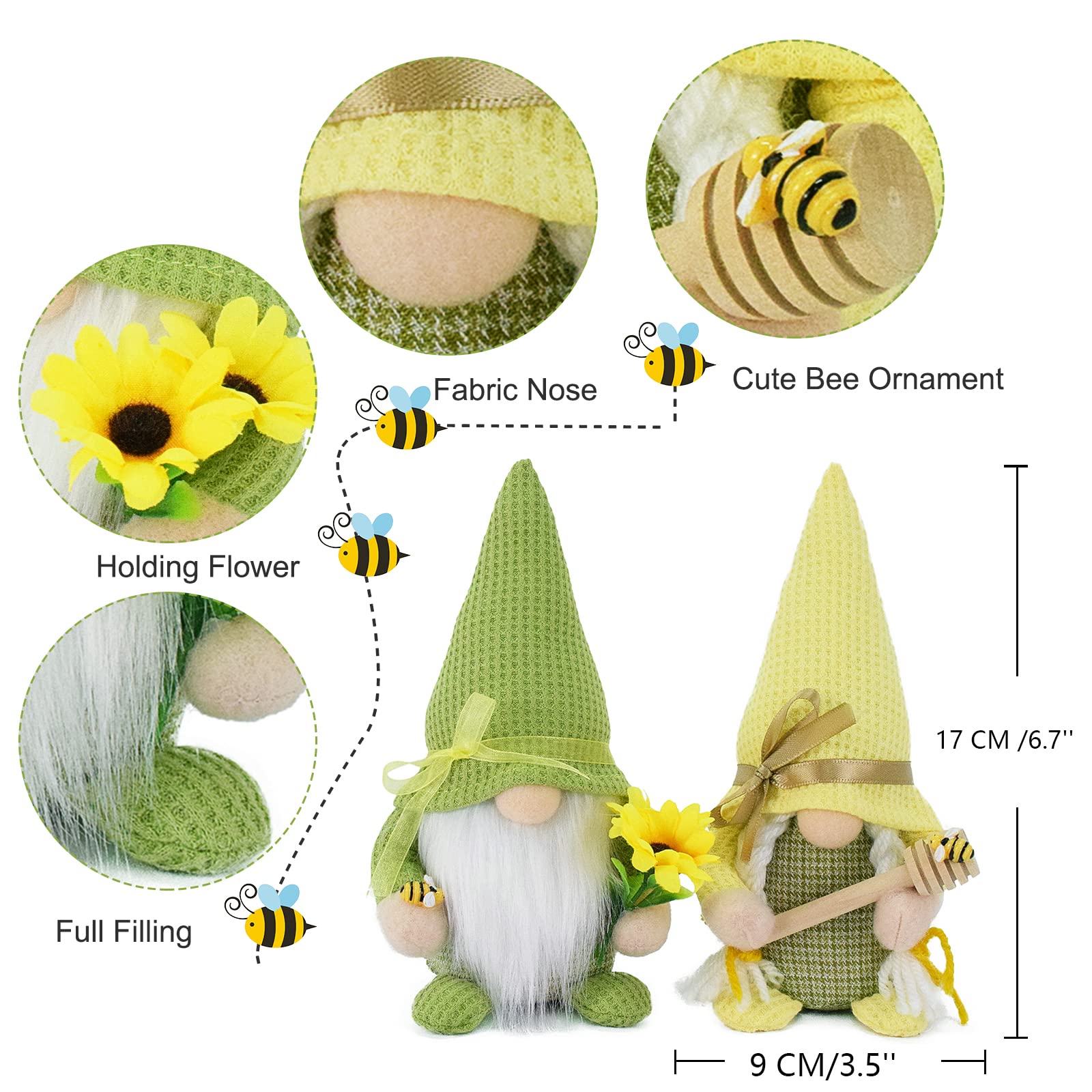 Attiigny Bumble Bee Gnome Plush Set of 2 - Handmade Honeybee Spring Summer Gnomes, Holiday Ornaments & Shelf Decor - Cute Bee Dolls for Home, Garden, and Tiered Tray Decor | Perfect for Easter, Christmas Gifts & Cozy Farmhouse Decor