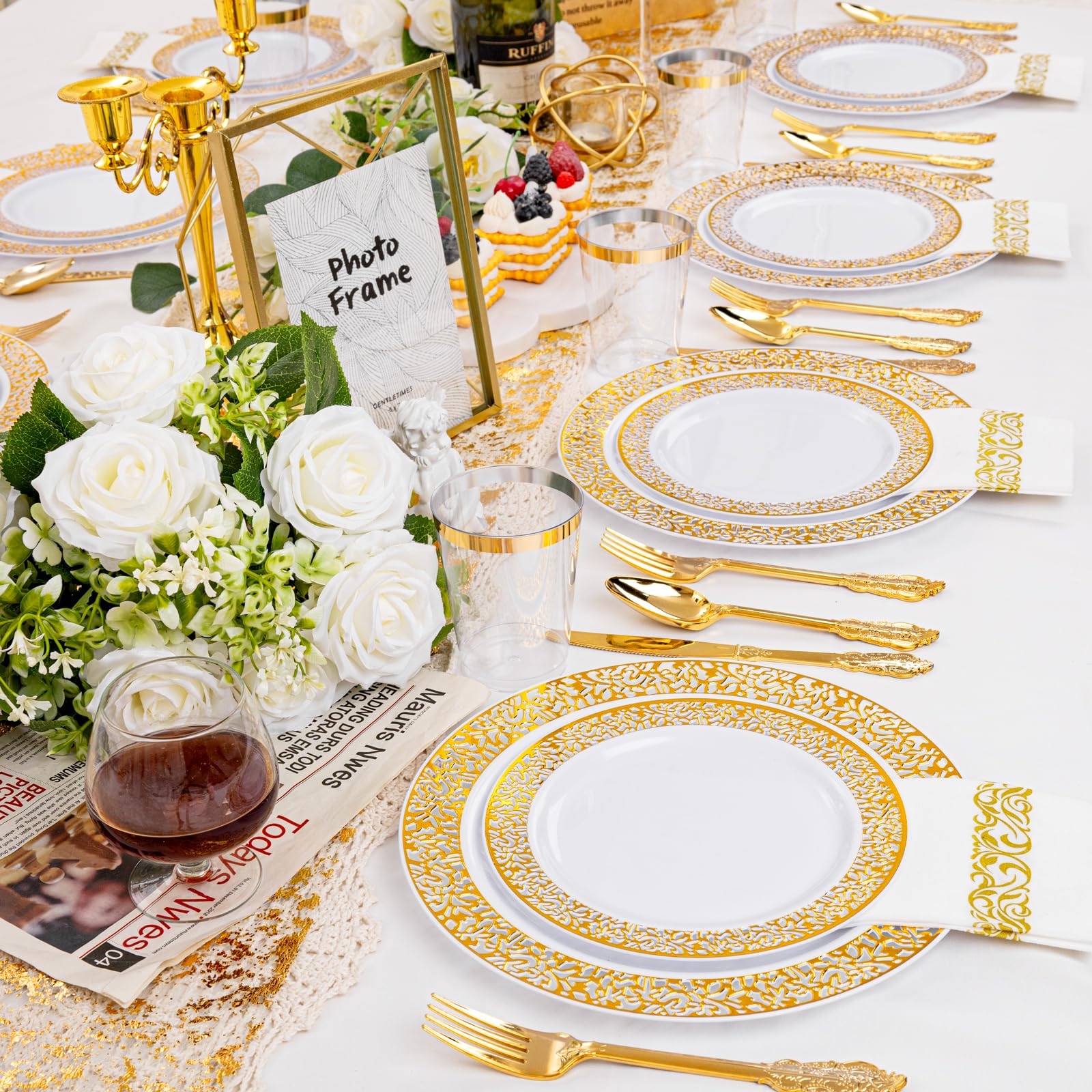 350-Piece Gold Plastic Dinnerware Set for 50 Guests - Disposable Gold Plates, Forks, Knives, Spoons, Cups & Napkins for Parties, Weddings, BBQs & Events - Elegant & Convenient Tableware Solution
