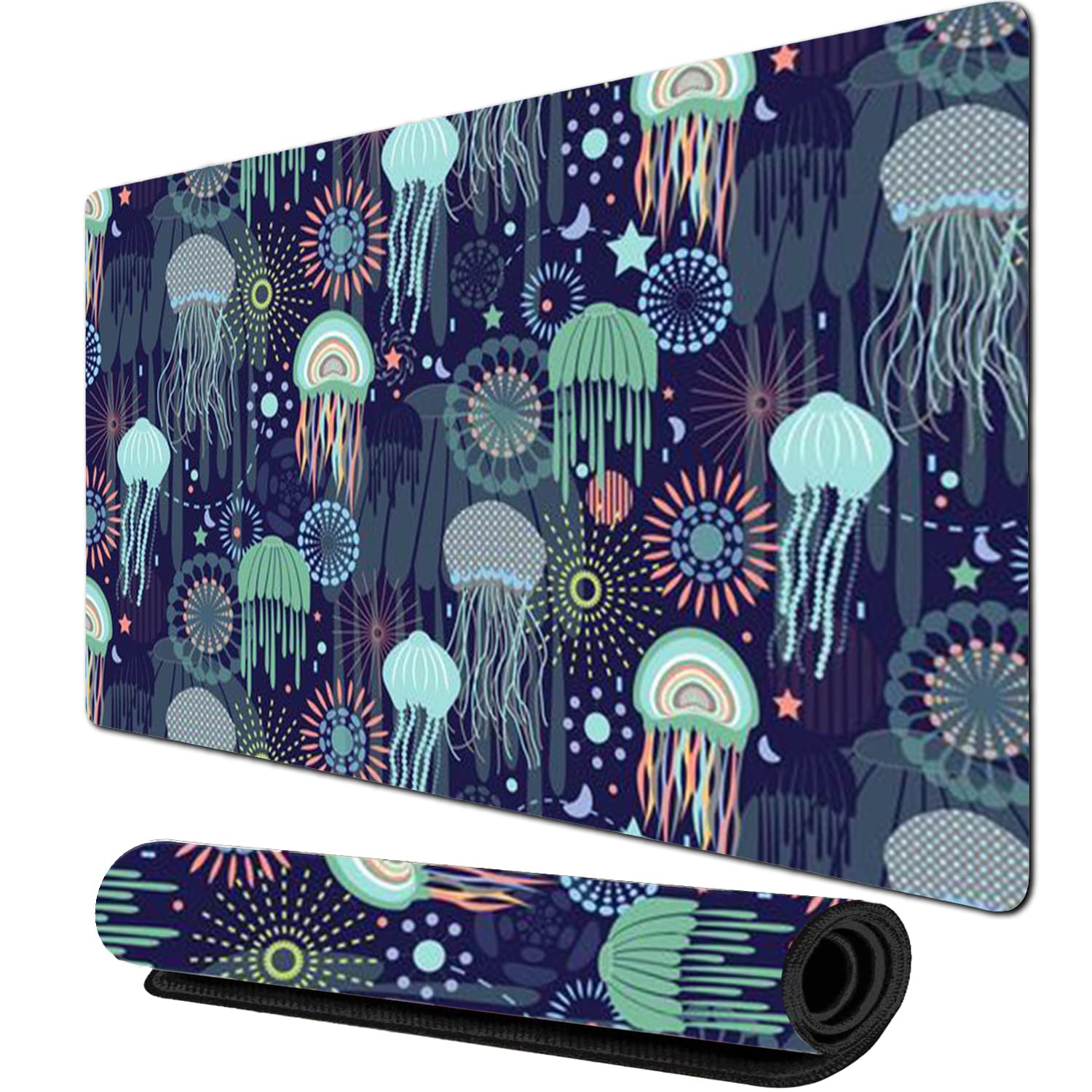 XXL Extended Gaming Mouse Pad with Non-Slip Rubber Base - Waterproof Large Keyboard Mat & Desk Pad for Work, Office, and Home - Perfect for Gaming, Writing, and Computer Use - Jellyfish Design