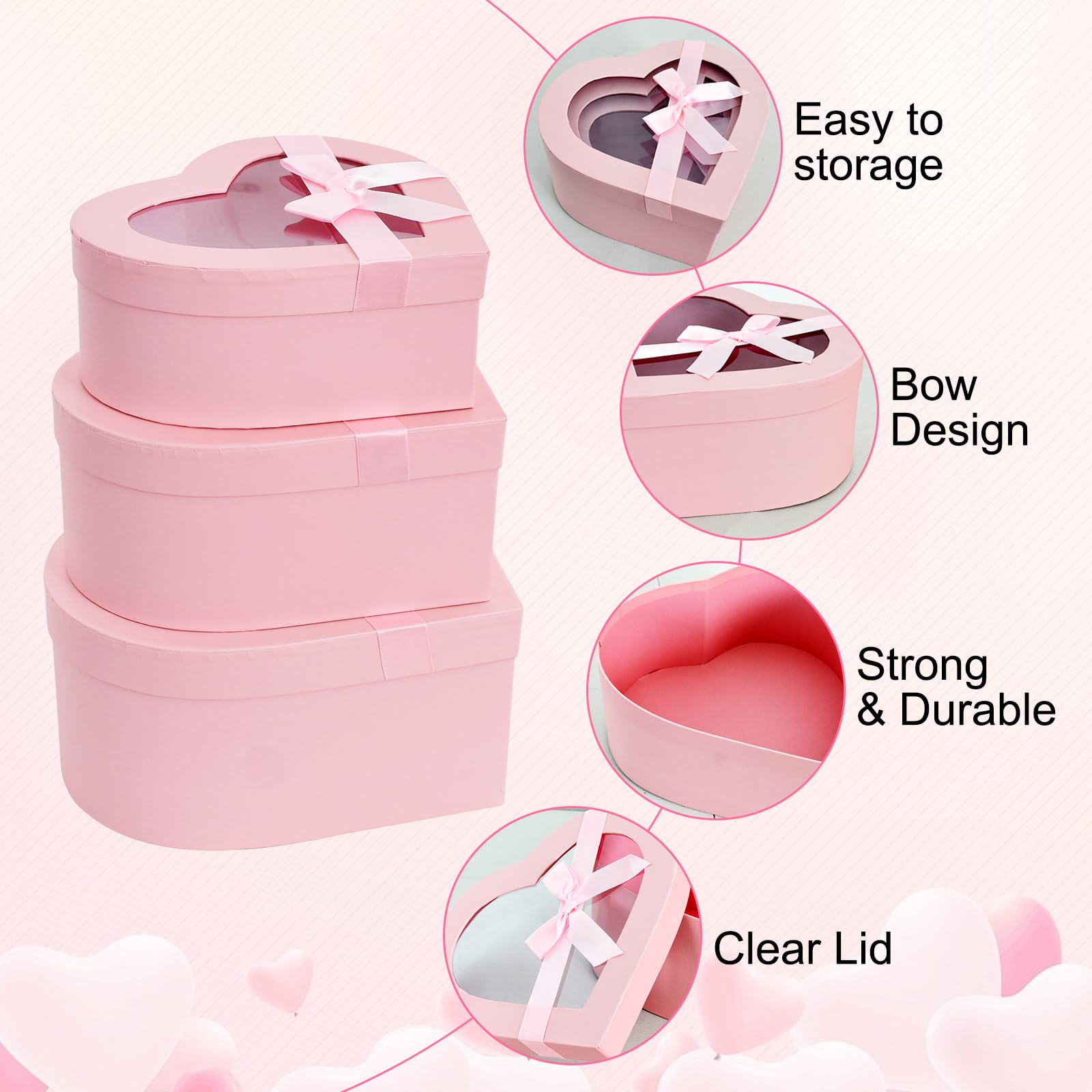 BEISHIDA Set of 3 Pink Heart Shaped Gift Boxes with Clear Lids - Perfect for Valentine's Day Flowers, Chocolates, Strawberries & Mother's Day Presents | Elegant Packaging for Romantic Gifts, Wedding Favors & Special Occasions