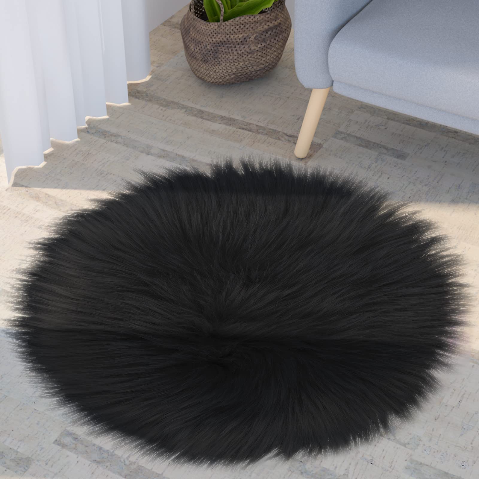 Soft Faux Fur Round Chair Pad Protector - 30cm Black Small Rug for Desk, Sofa & Couch Seat Cover | Home Decor for Living Room, Kids Bedroom | Perfect for Photography Background & Craft Projects