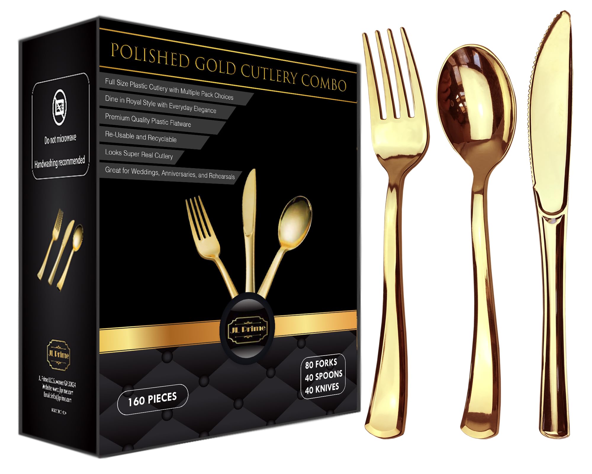 160-Piece Gold Plastic Silverware Set - Reusable & Recyclable Plastic Utensils for Weddings, Parties, Anniversaries, Showers - 80 Forks, 40 Spoons, 40 Knives - Elegant Disposable Cutlery by JL Prime - Perfect for Catering, Picnics, and Outdoor Events