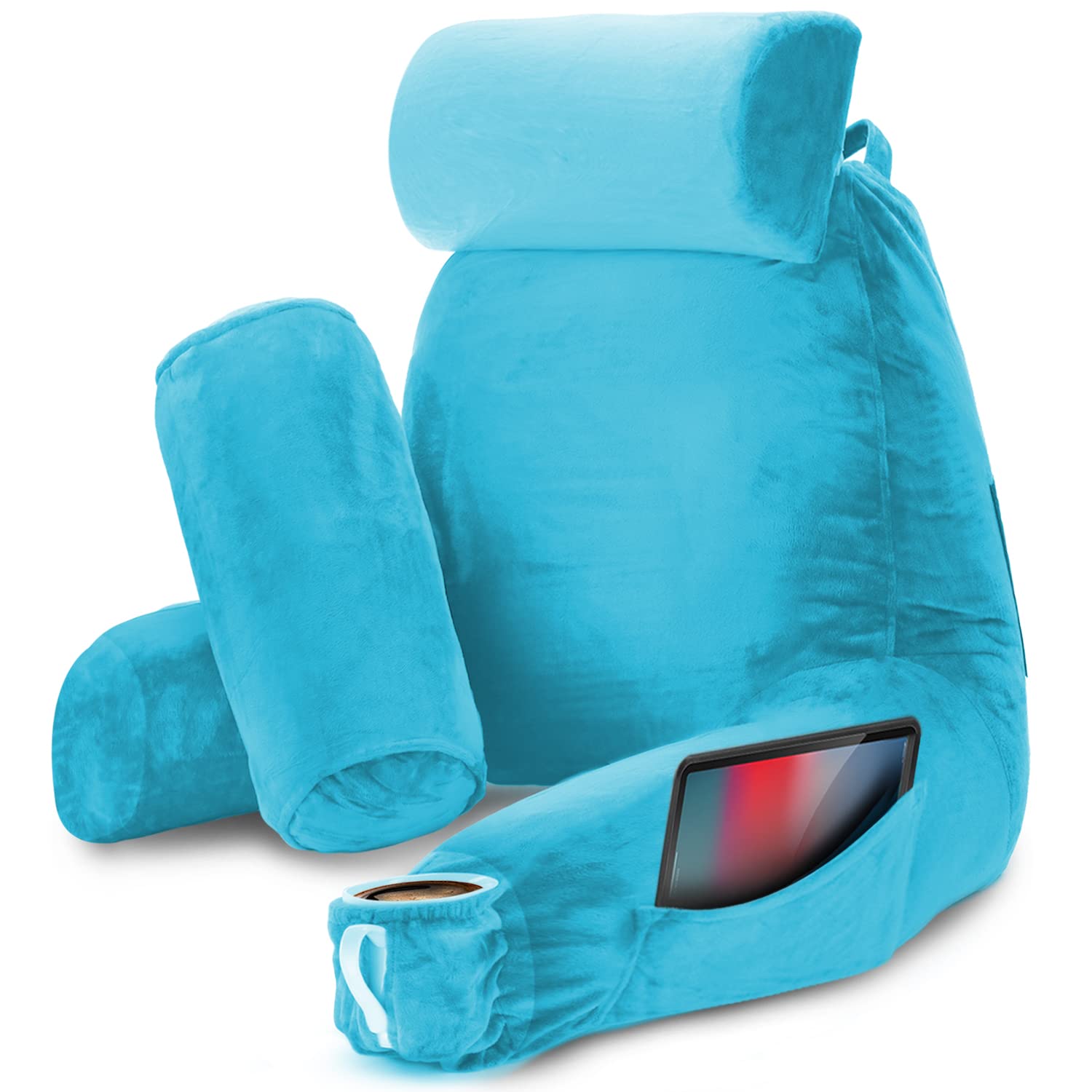 Nestl Reading Pillow - Large Shredded Memory Foam Back Support Pillow for Sitting in Bed, Reading & Relaxing - Blue Bed Rest Pillow with Pockets - Perfect for Cozy Reading, Watching TV, or Lounging in Bed