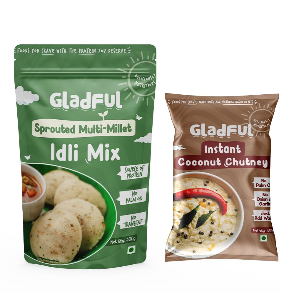 Gladful Multi-Millet Idli & Coconut Chutney Instant Mix - Palm Oil Free, Transfat Free, High Fiber Vegan Breakfast - 100% Natural, No Preservatives - Pack of 2 for Quick Healthy Meals & On-the-Go Snacking
