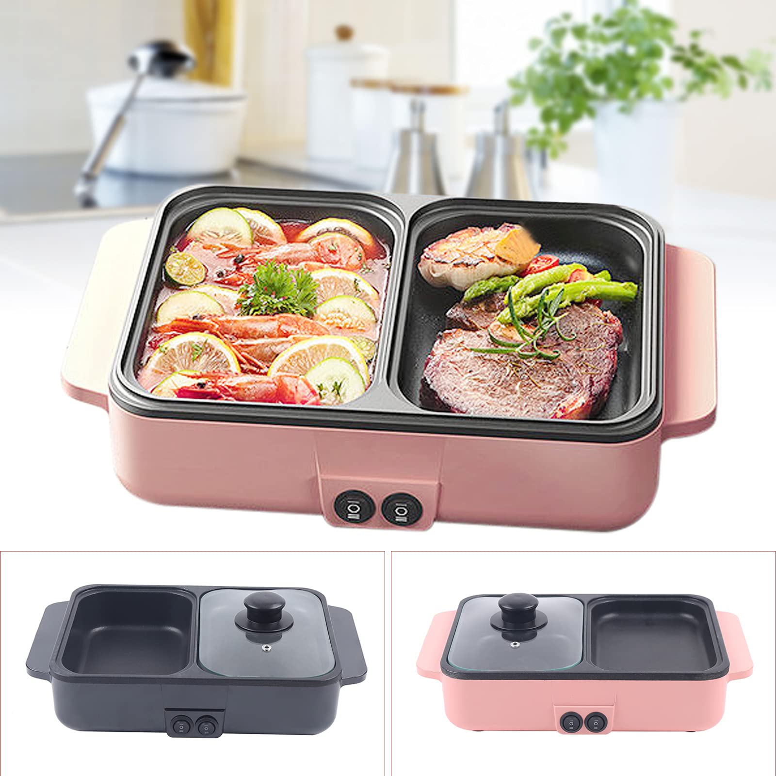 Mini Shabu Shabu Hot Pot & Grill 2-in-1 Electric Cooker - Non-Stick Indoor/Outdoor Party Appliance with Independent Temperature Control (Pink) - Perfect for Home Cooking, Camping & Family Gatherings